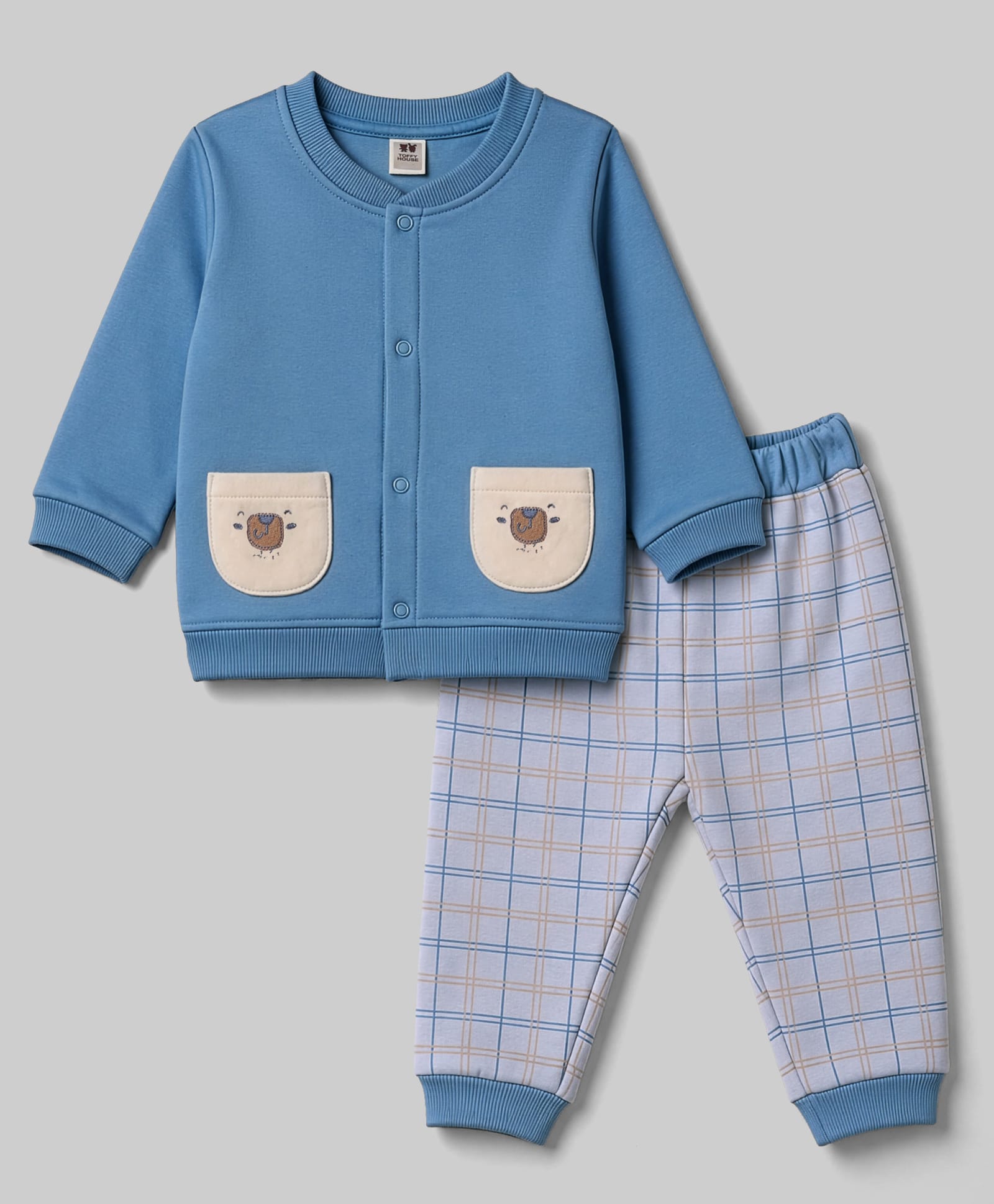 ToffyHouse Fleece Woven Full Sleeves Sweatshirt & Checks Pant Winter Wear Suit - Blue-image-23
