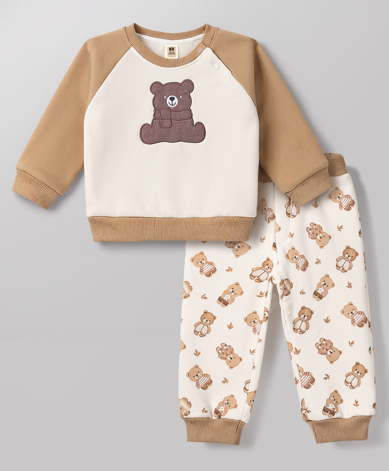 ToffyHouse Cotton Woven Full Sleeves Sweatshirt & Pant WInter Wear Suit With Bear Print & Embroidery - Cream-image-42