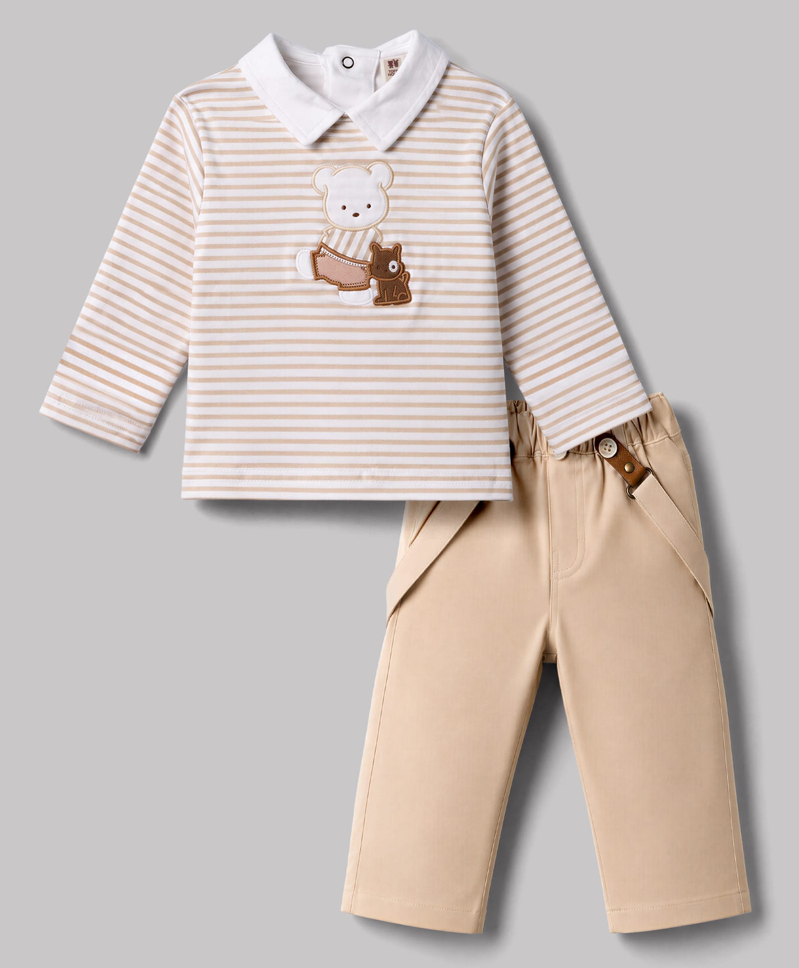ToffyHouse Cotton Knit Full Sleeves Striped & Bear Embroidered T-Shirt & Pant Set With Suspender - Beige-picture-47