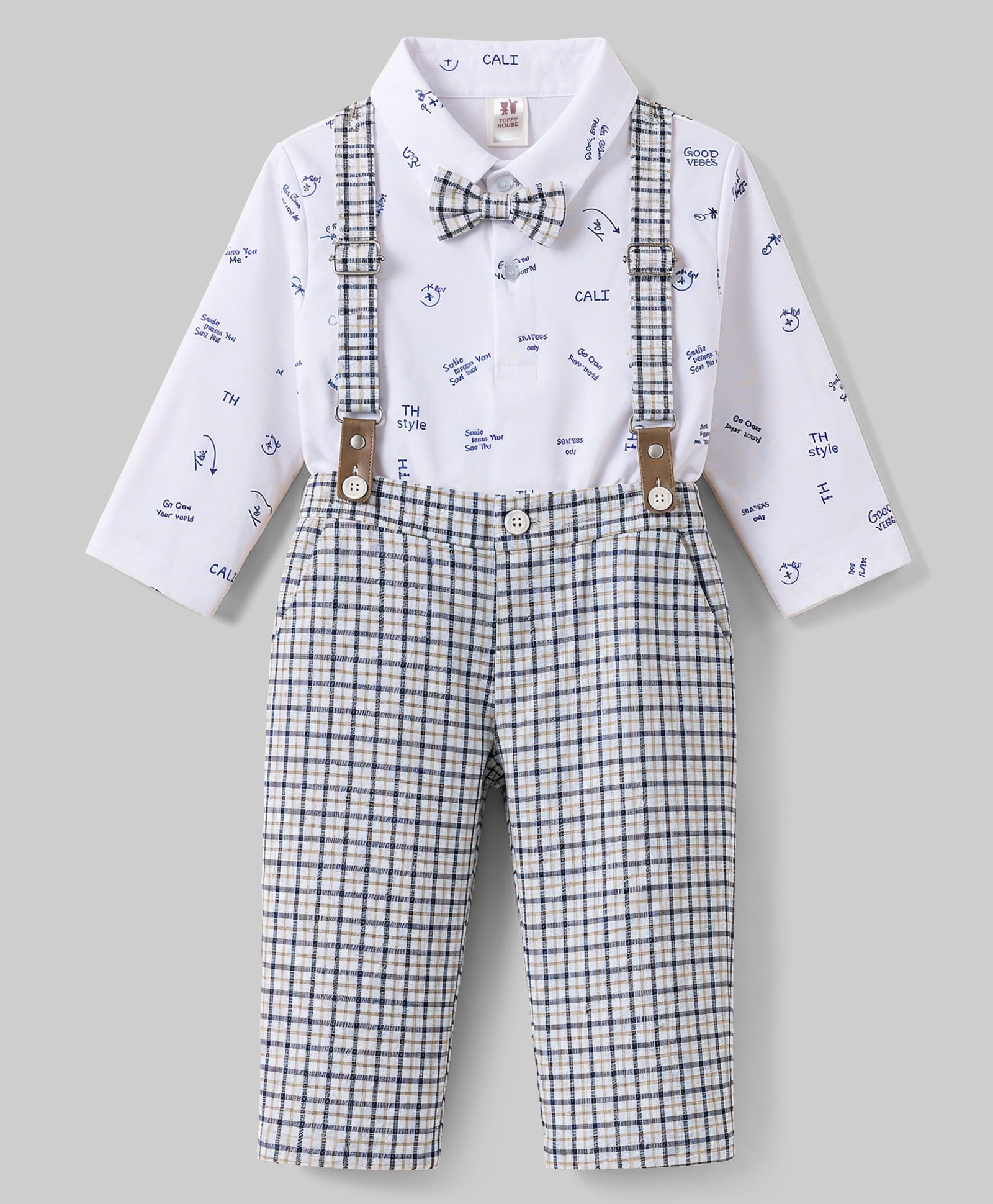 ToffyHouse Cotton Knit Full Sleeves Text Printed Party Shirt & Checks Trouser With Bow & Suspender - White-picture-13