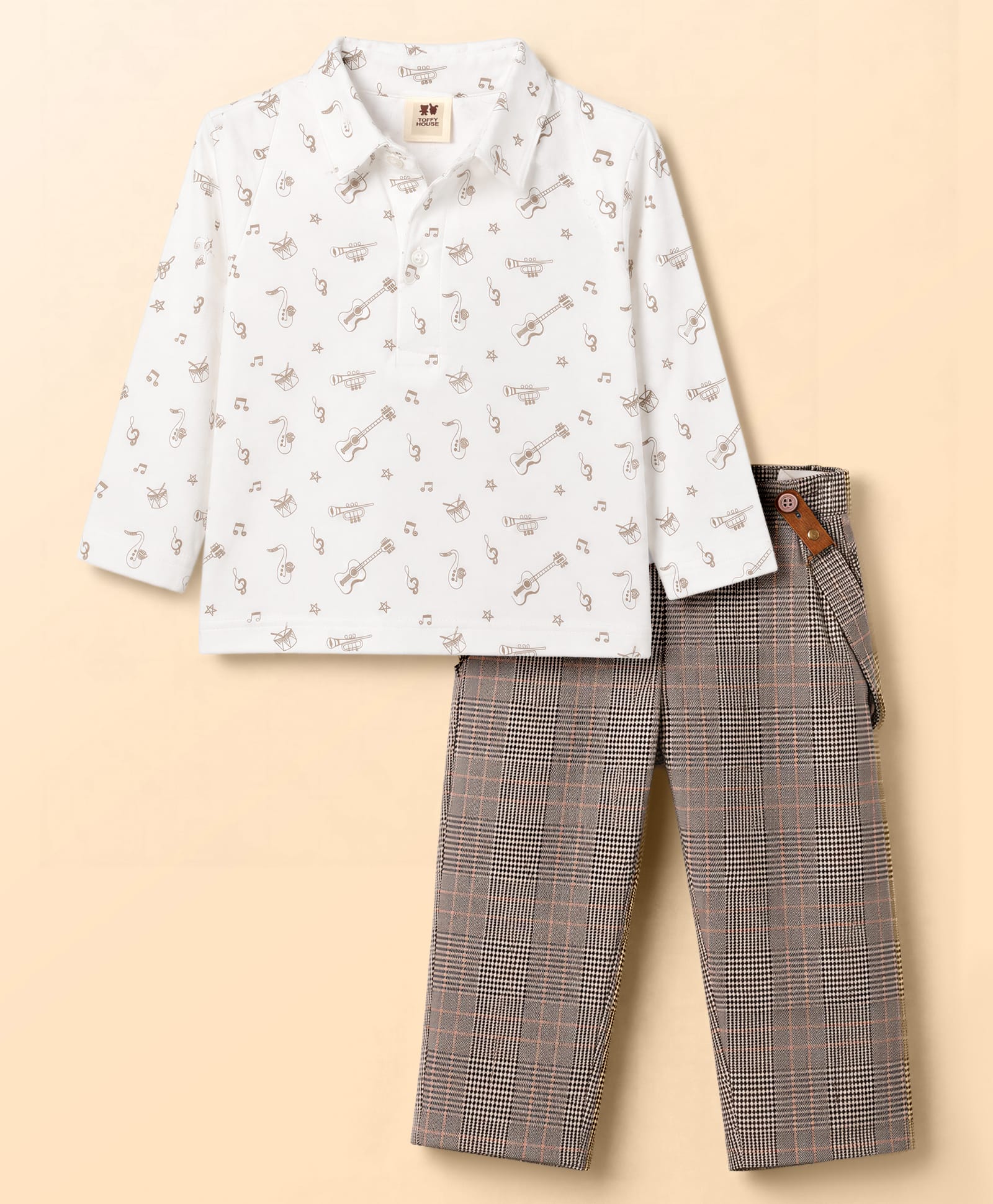 ToffyHouse Cotton Knit Full Sleeves Musical Instruments Printed Party T-Shirt & Checks Trouser With Bow & Suspender - White-picture-28