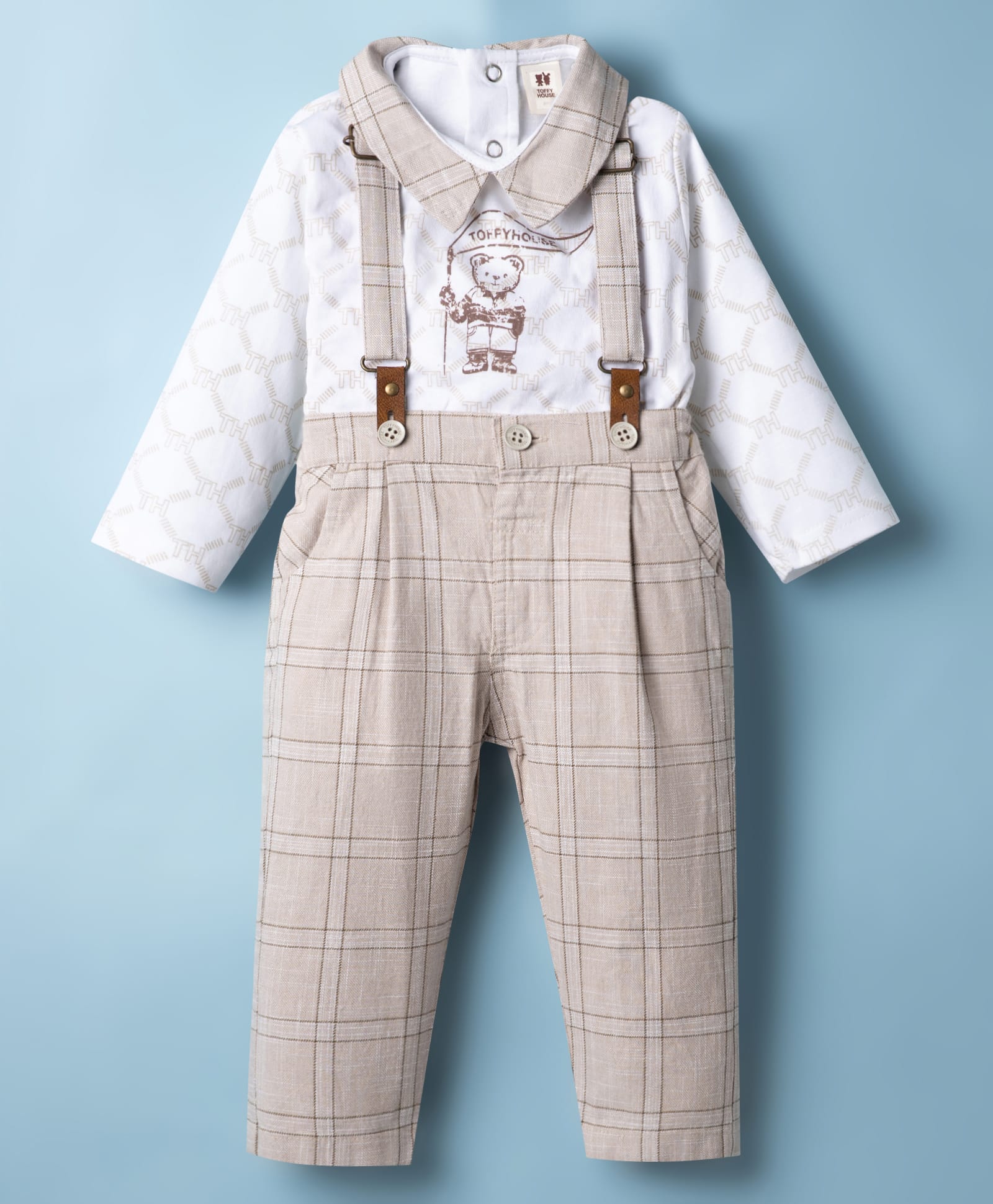ToffyHouse Cotton Knit Full Sleeves Bear & Checks Printed Shirt & Pant Set With Suspender - White-image-49
