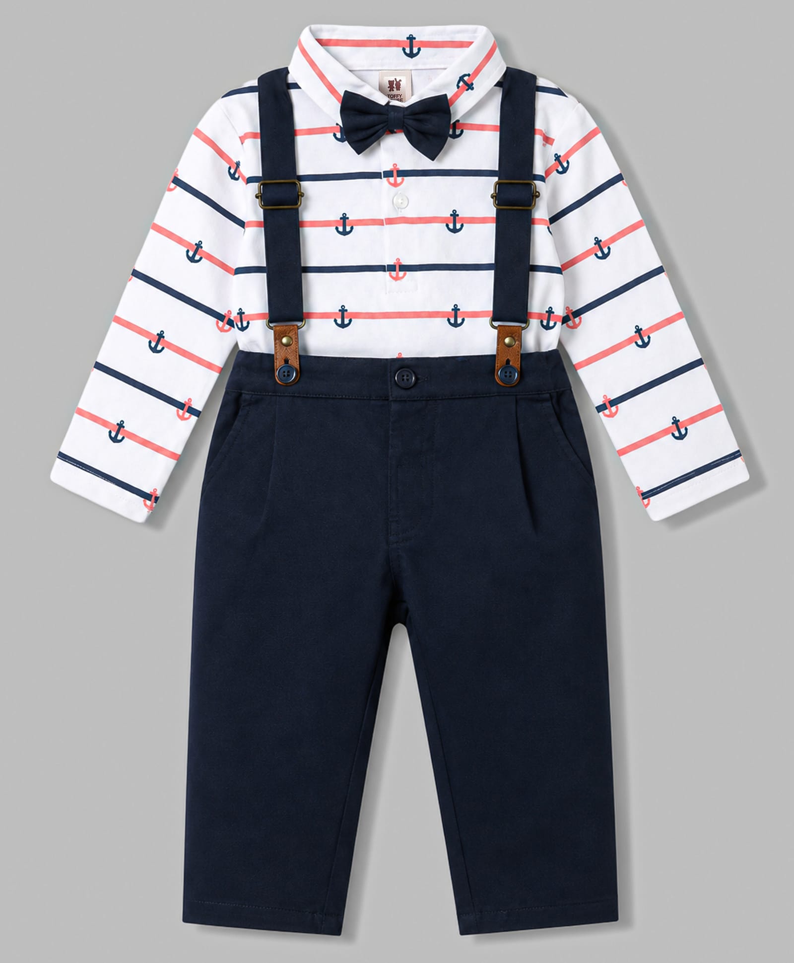 ToffyHouse Cotton Knit Full Sleeves Striped & Nautical Theme Printed Polo T-Shirt & Pant Set With Suspender & Bow - Navy Blue-image-33