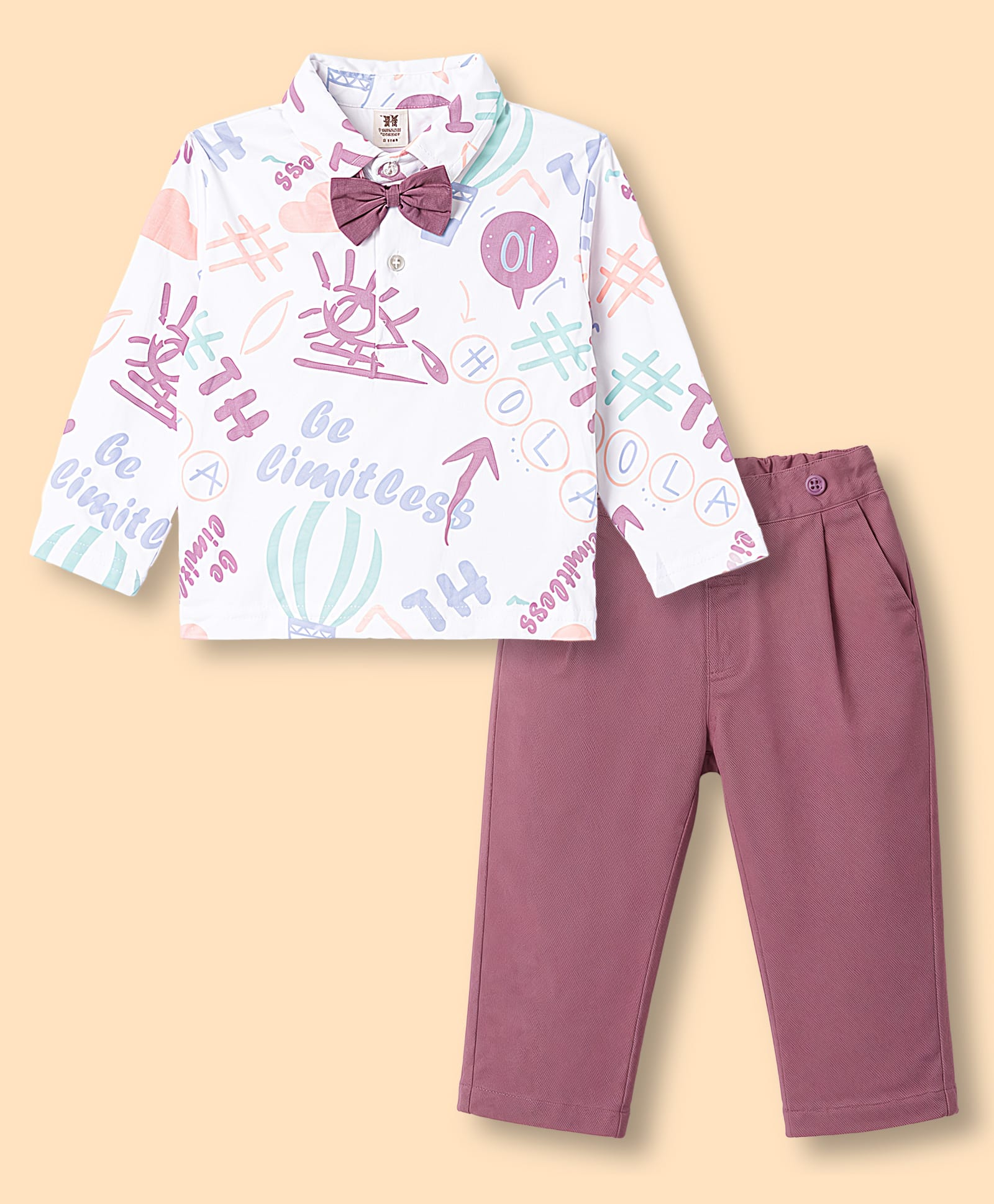 ToffyHouse Cotton Knit Full Sleeves Printed T-Shirt & Pant Set With Bow & Suspender - Rose Gold-picture-24