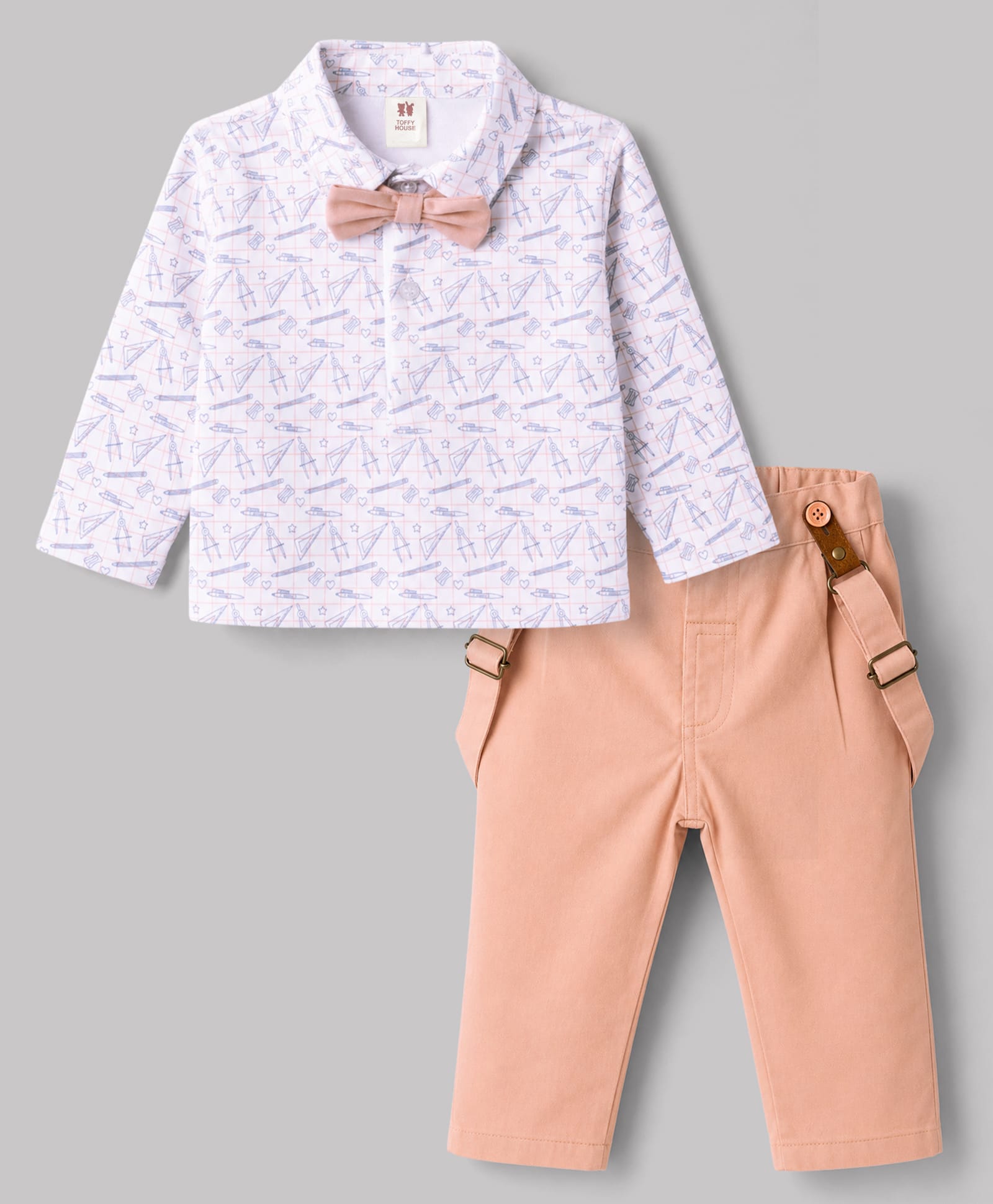 ToffyHouse Cotton Knit Full Sleeves School Supplies Printed Party T-Shirt & Trousers With Bow & Suspender - Peach-image-17