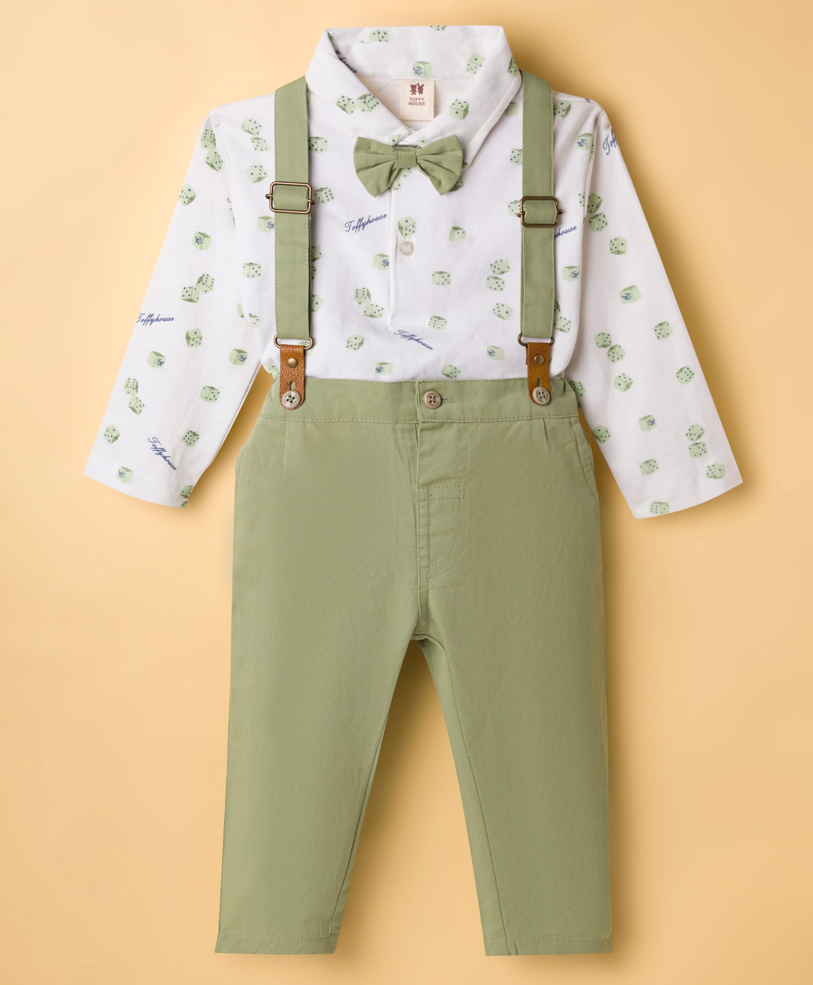 ToffyHouse Cotton Knit Full Sleeves Printed T-Shirt & Pant Set Suspender & Bow - Olive Green-picture-25