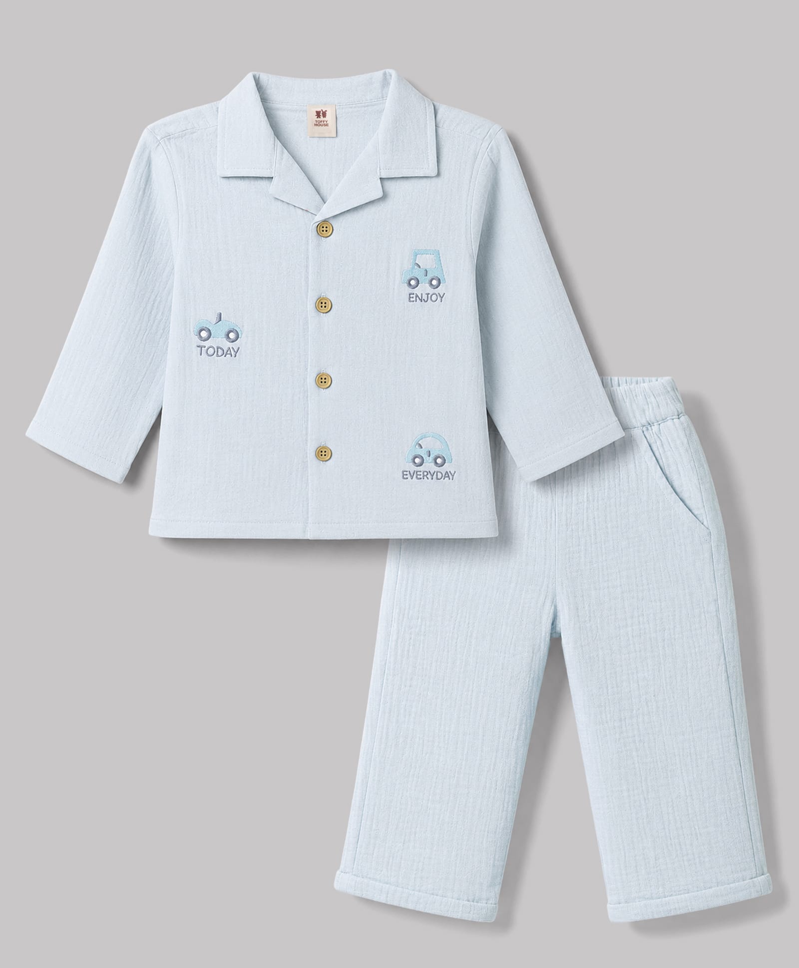ToffyHouse Knitted Full Sleeves Vehicles Embroidered Shirt & Pyjama Night Suit - Light Blue-picture-19