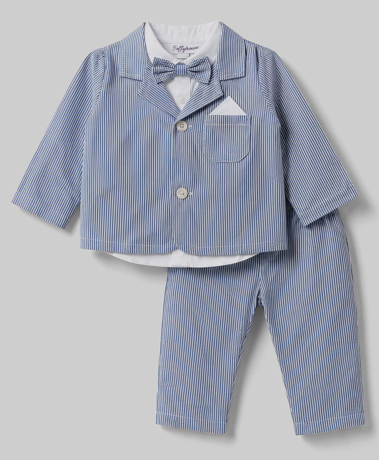 ToffyHouse Cotton Knit Full Sleeves 3 Piece Striped Party Suit With Bow - Blue-picture-24