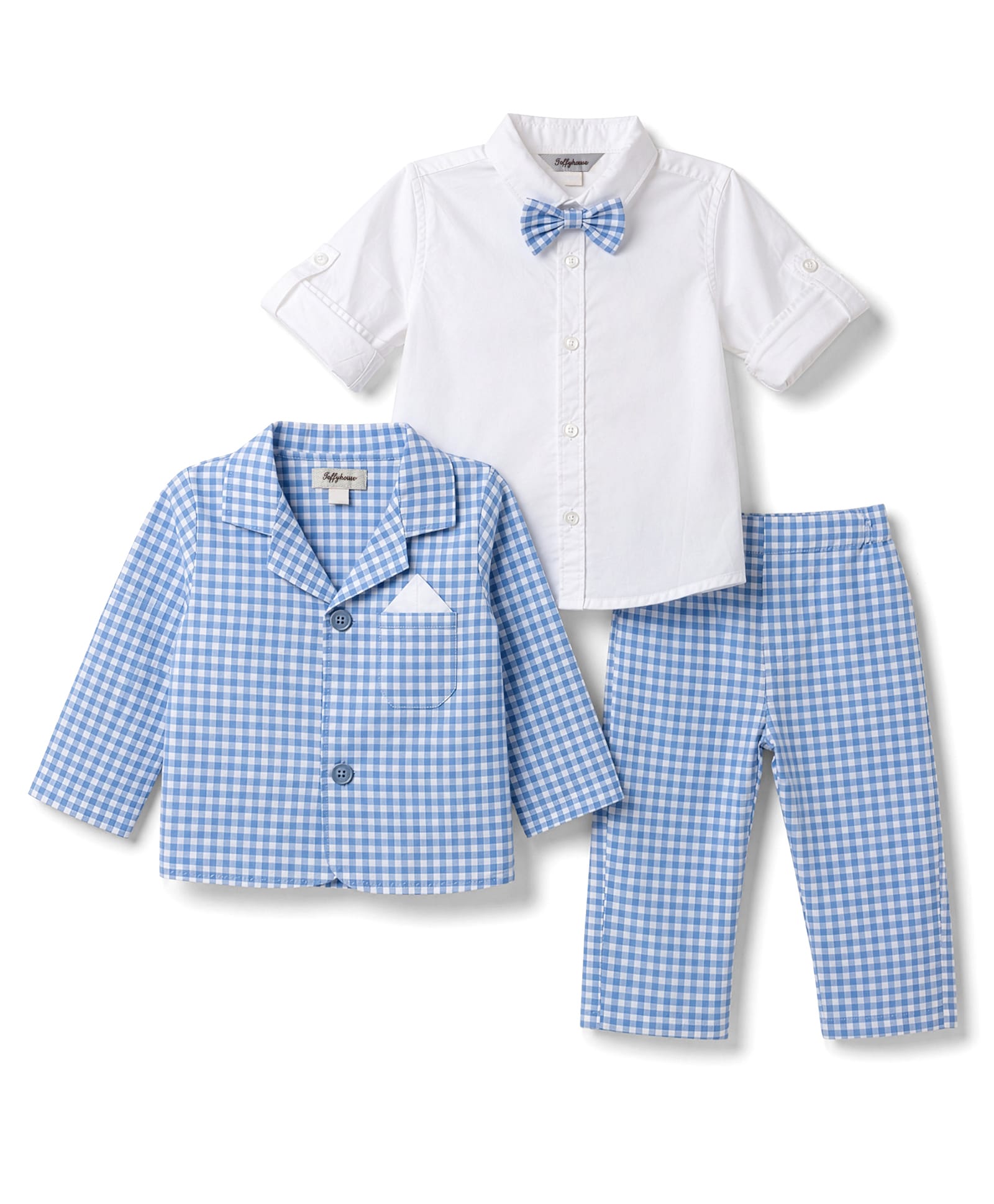 ToffyHouse Cotton Knit Full Sleeves Checked Party Suit With Bow Applique - Blue-image-43