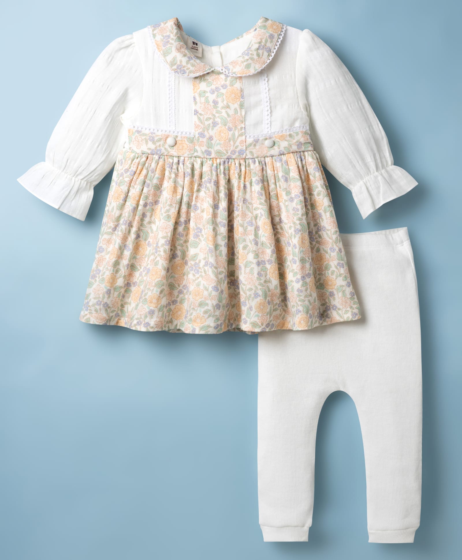 ToffyHouse Cotton Woven Frocks with Legging Full Sleeves White 0-1 Month-image-16