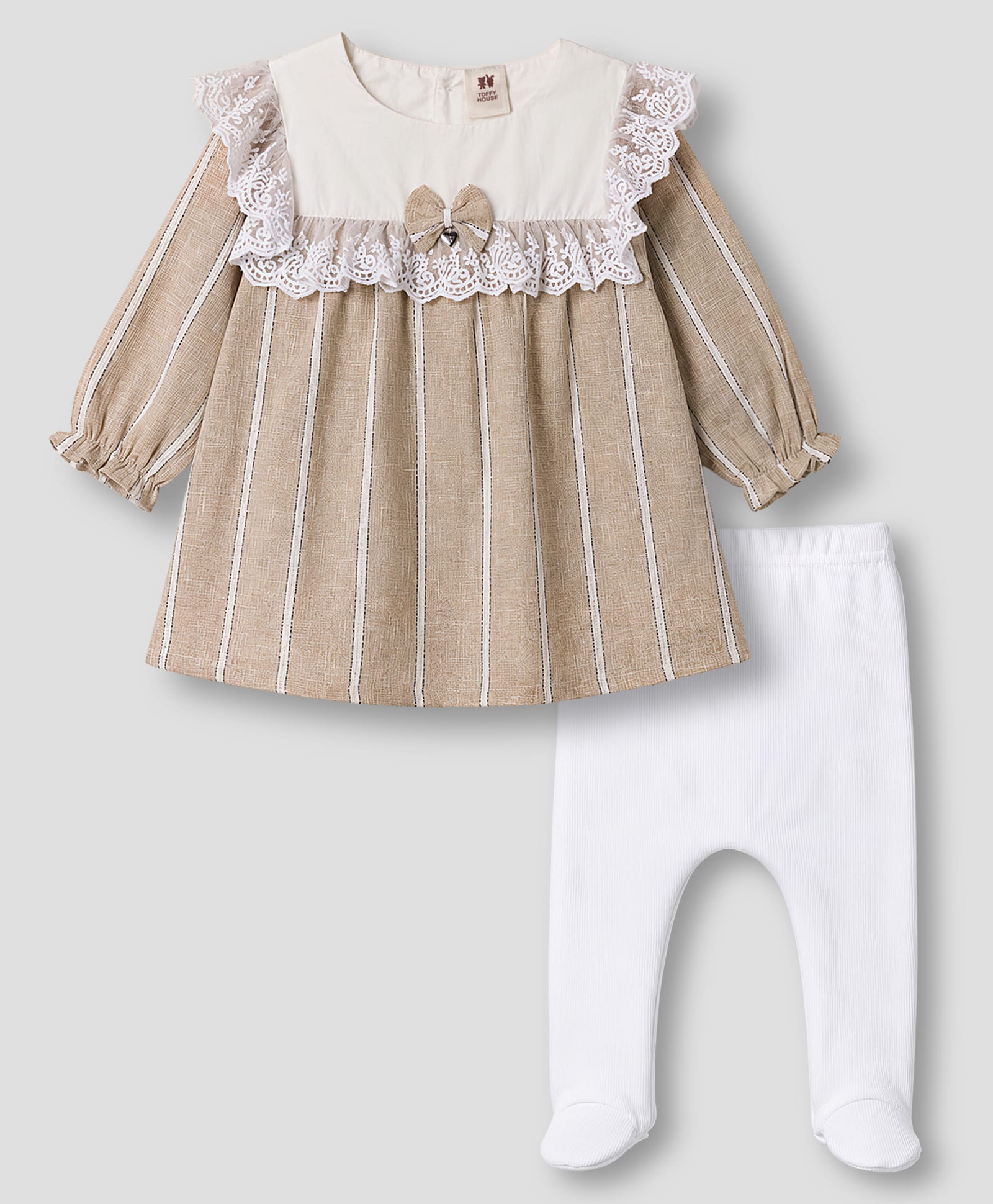 ToffyHouse Cotton Woven Full Sleeves Frock With Leggings With Lace Detailing - Beige-picture-41