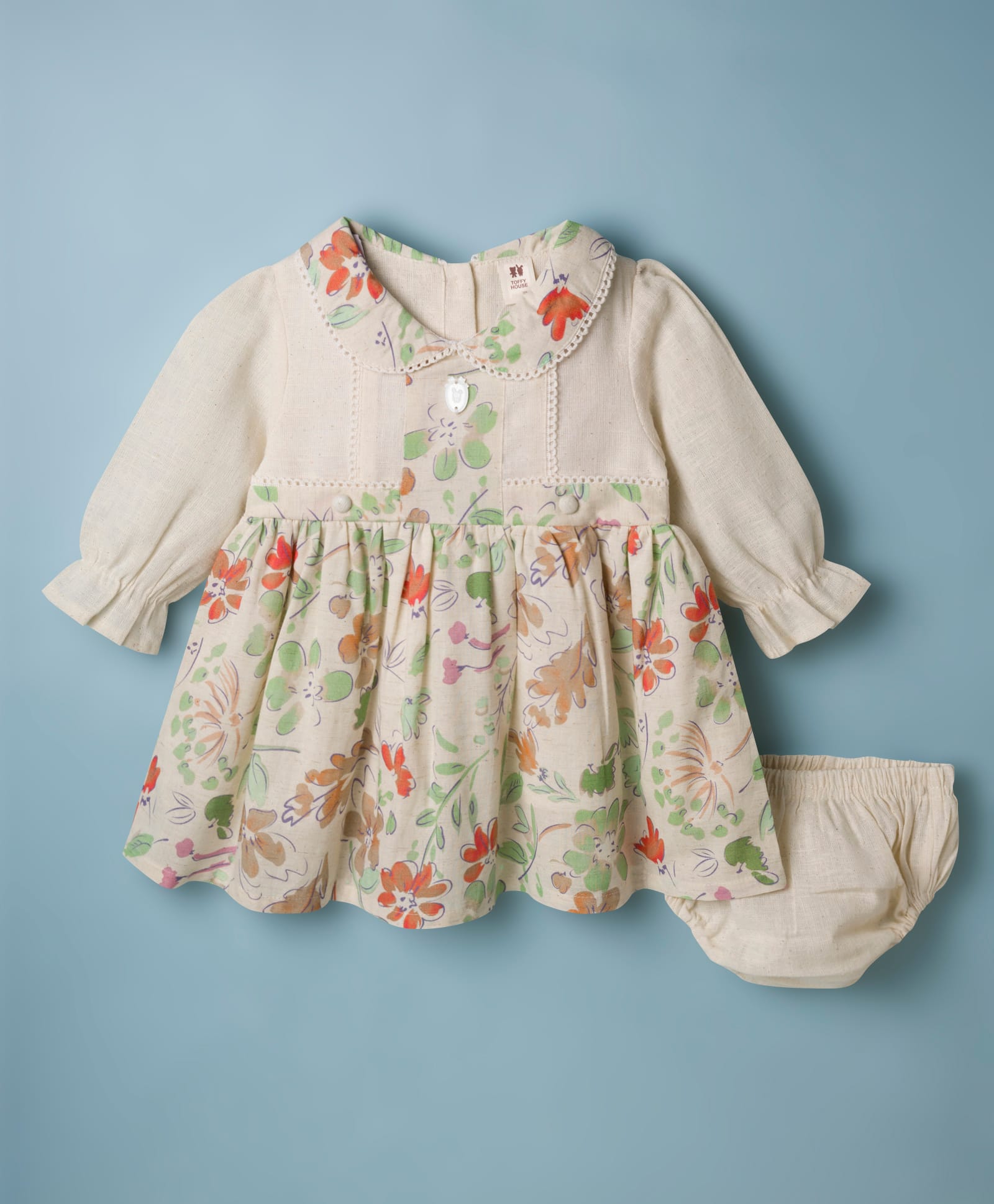 ToffyHouse Cotton Knit Full Sleeves Peter Pan Collared Frock & Bloomer With Floral Print - Multicolor-picture-30
