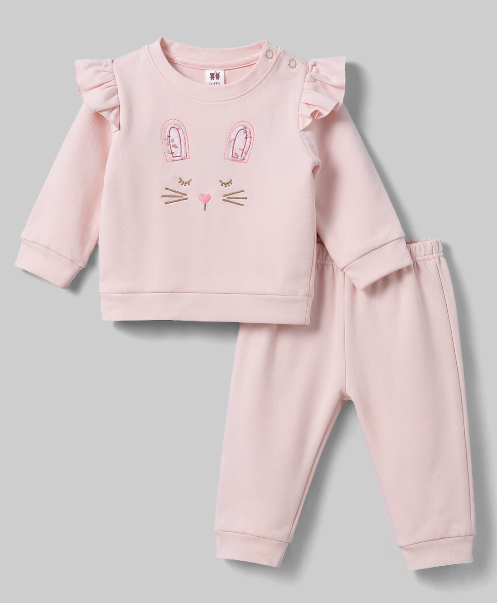 ToffyHouse Cotton Woven Full Sleeves Kitty Embroidered Sweatshirt & Pant Winter Wear Suit - Pink-picture-17
