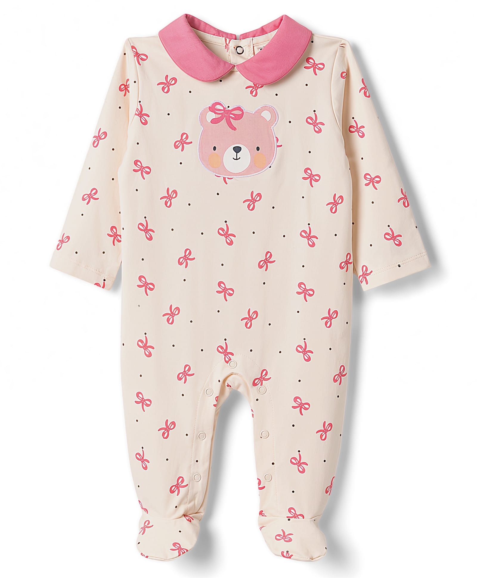 ToffyHouse Knitted Full Sleeves Peter Pan Collared Footed Sleep Suit With Bear & Bow Print - White & Pink-image-28