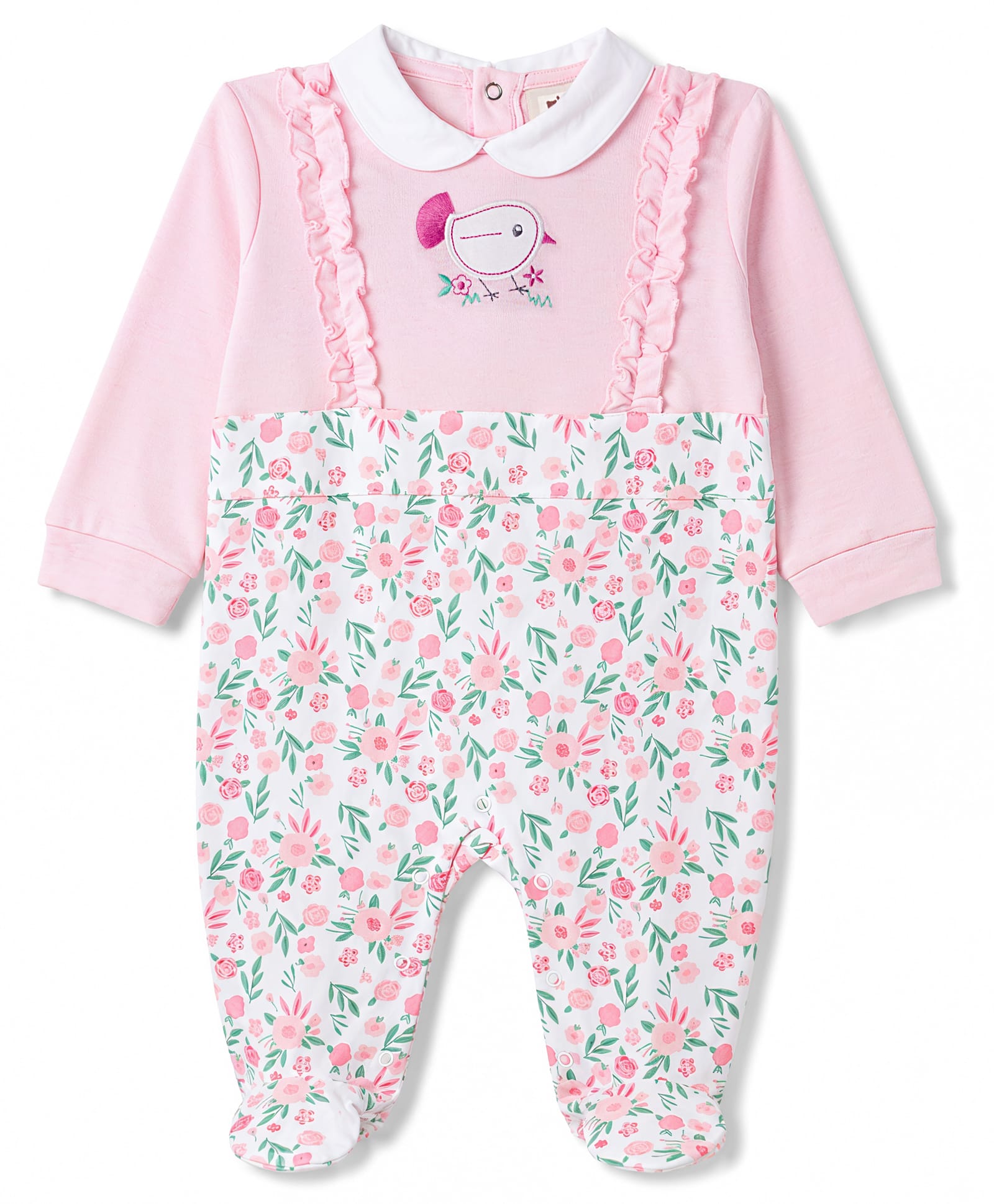 ToffyHouse Knitted Full Sleeves Peter Pan Collared Footed Sleep Suit With Floral & Bird Print - White & Pink-image-29