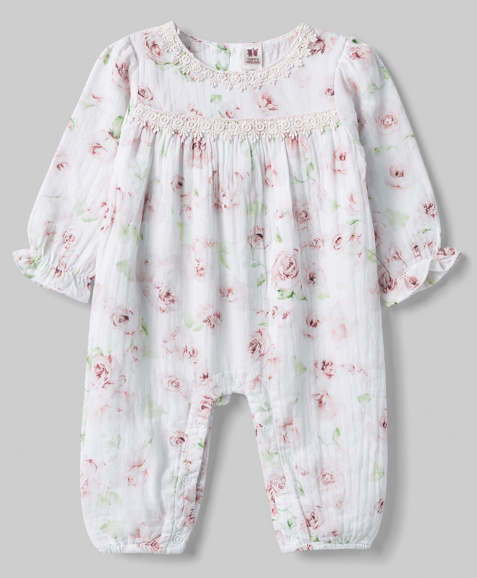 ToffyHouse Knitted Full Sleeves Romper With Floral Print & Lace Detailing - White-image-20