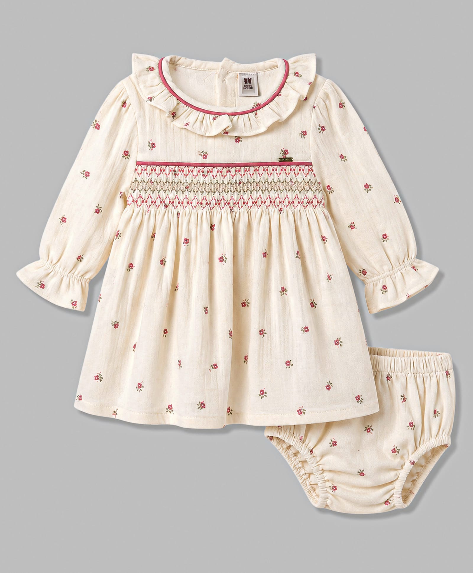 ToffyHouse Cotton Knit Full Sleeves Frock & Bloomer With Floral Print - Beige-image-34