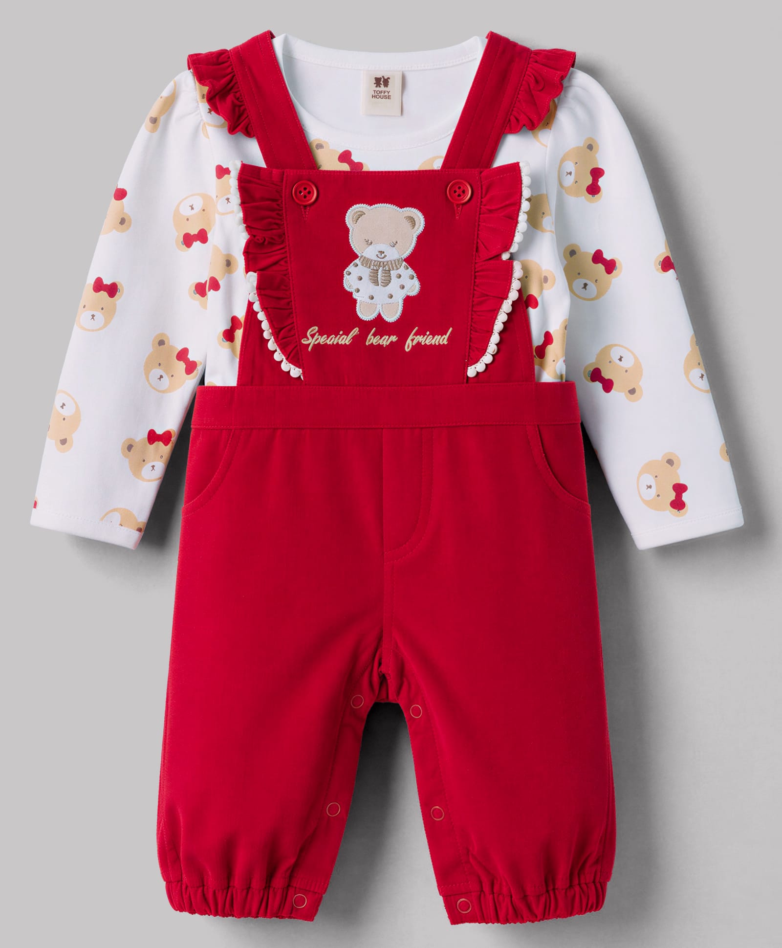 ToffyHouse Knitted Dungaree & Full Sleeves T-Shirt With Bear Print & Embroidery - Red-picture-14