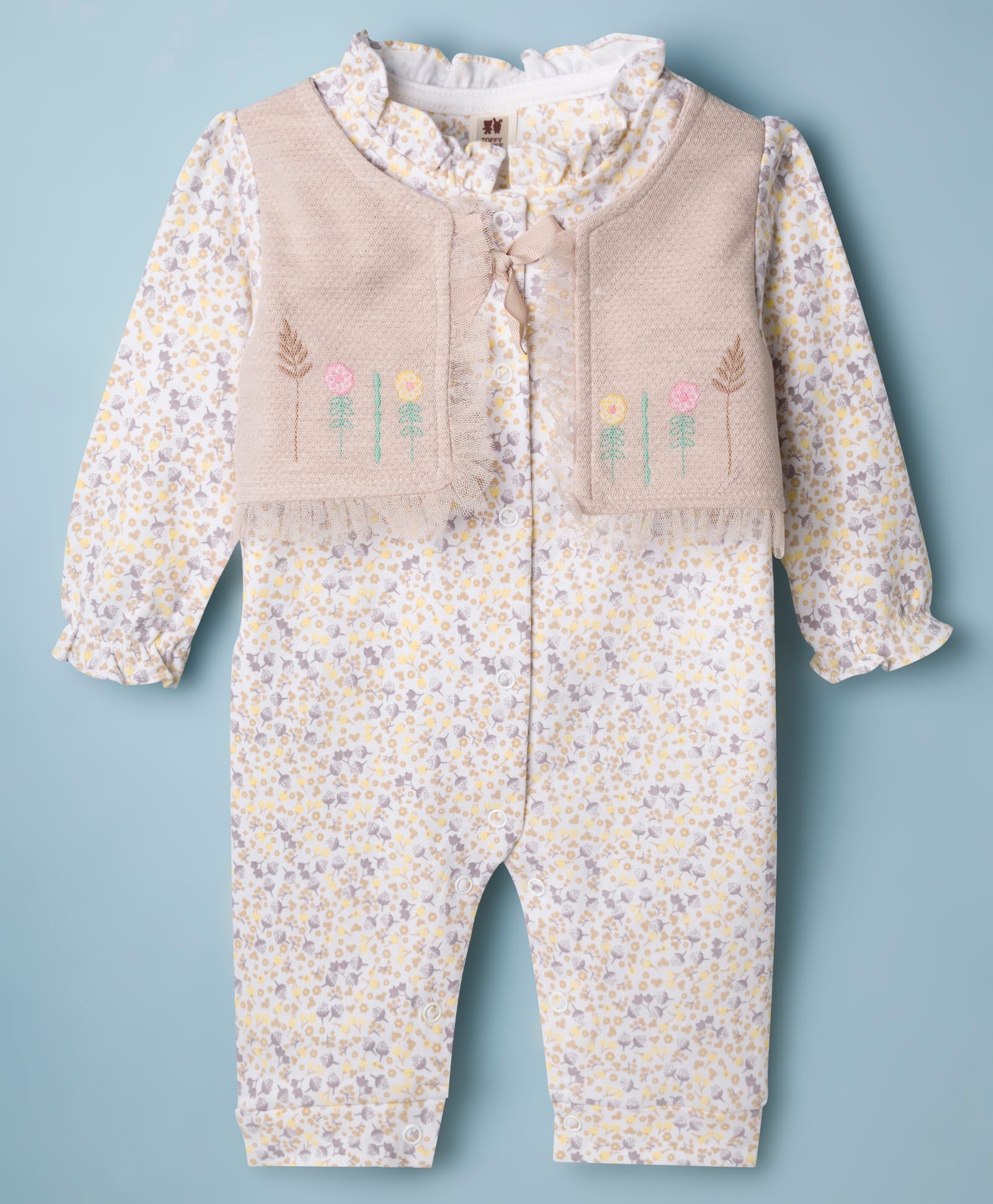 ToffyHouse Knitted Full Sleeves Floral Printed Romper - Beige-picture-24