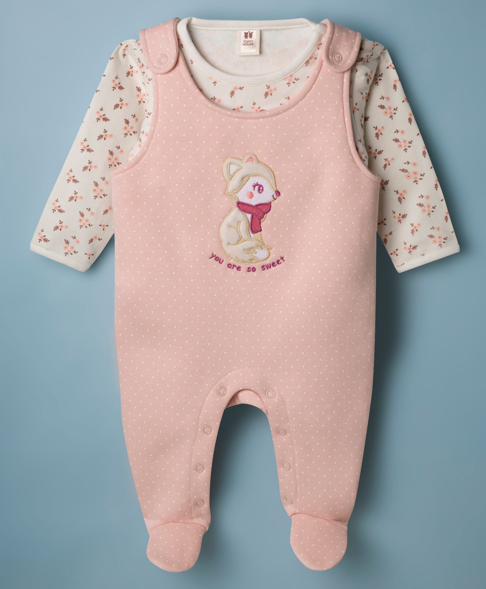 ToffyHouse Knitted Full Sleeves Floral Printed & Fox Embroidered Dungaree Style Romper - Peach-picture-21