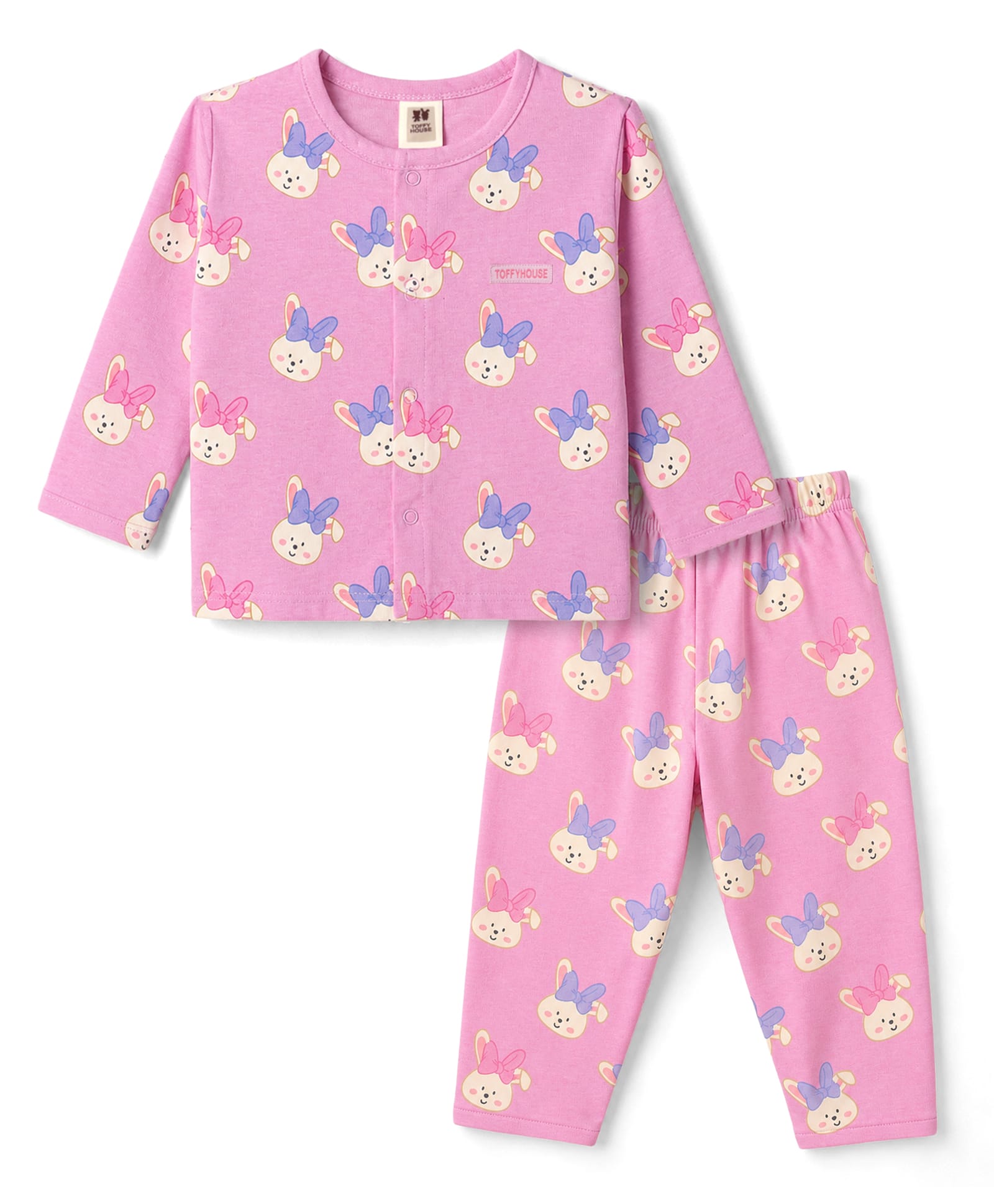 ToffyHouse Knitted Full Sleeves T-Shirt & Pyjama Co-Ord Night Suit With Bunny Print - Pink-image-19