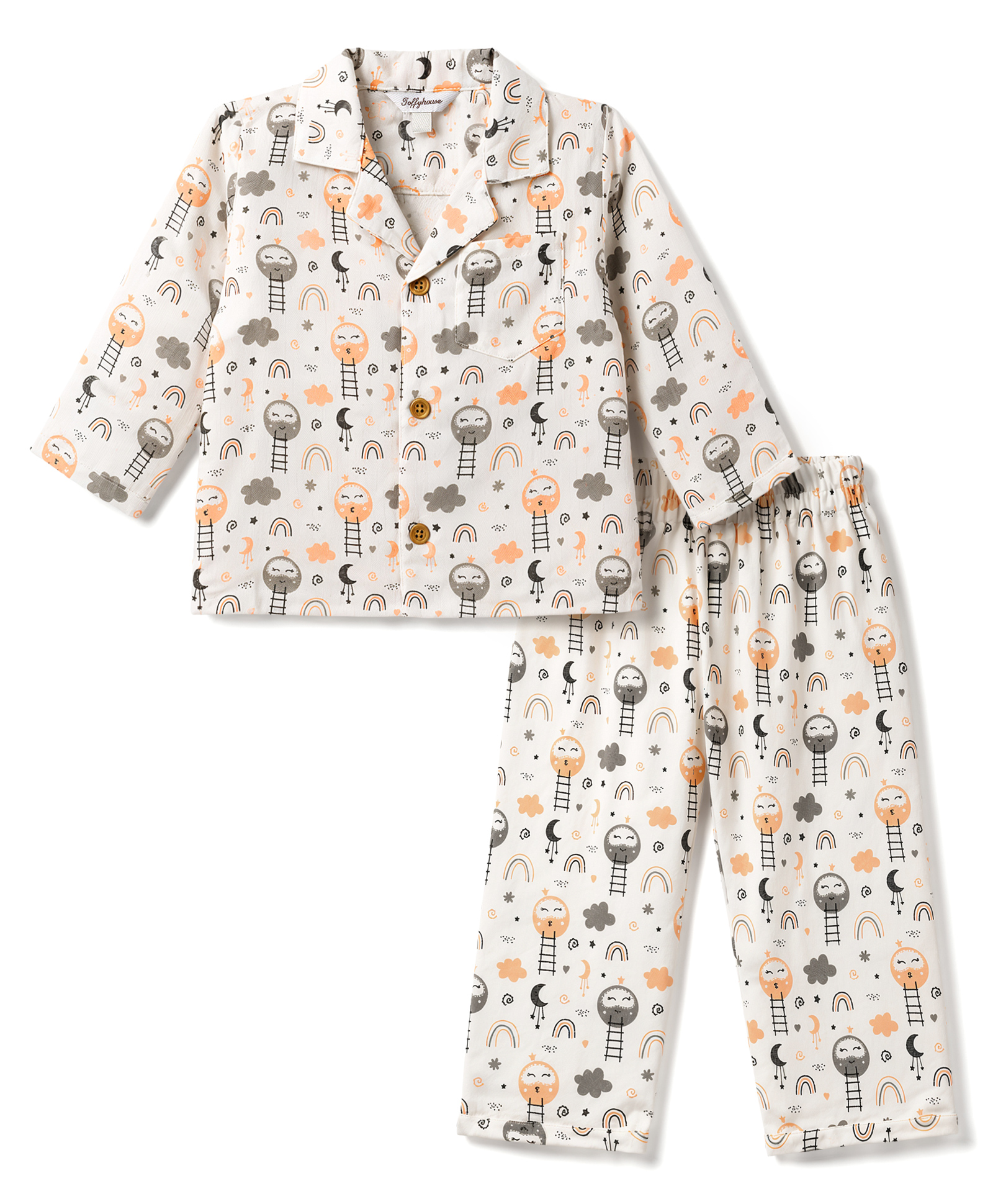 ToffyHouse Knit Ful Sleeves Printed Co-Ords Space Theme Printed Shirt & Pyjama Night Suit - White-image-9