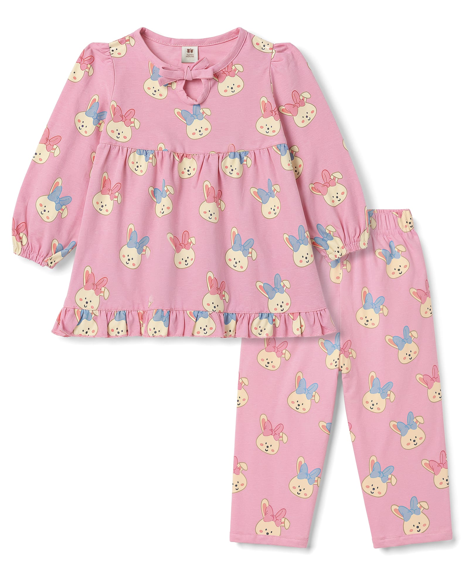 ToffyHouse Knitted Full Sleeves Top & Pyjama Co-Ord Night Suit With Bunny Print - Pink-image-28