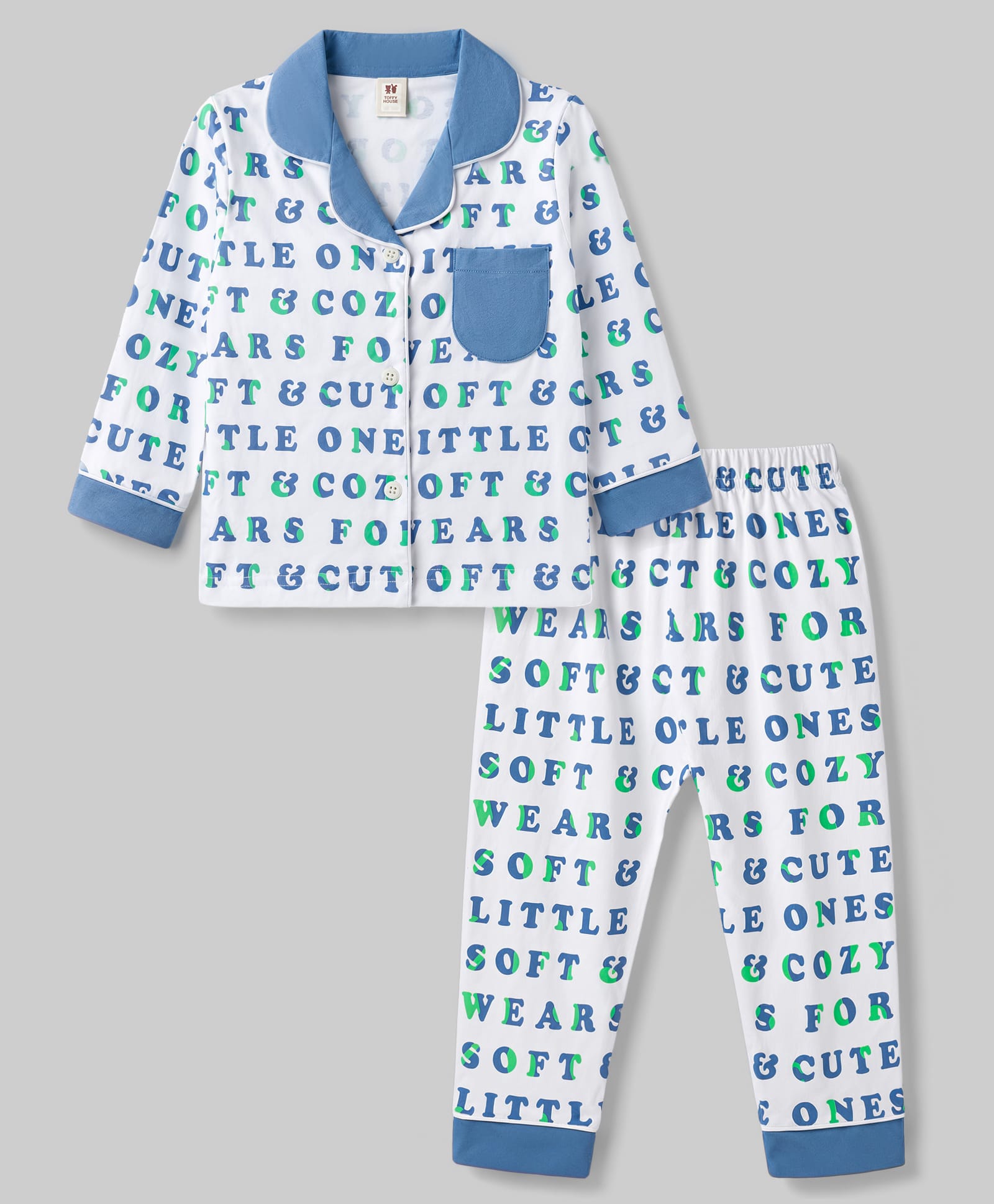 ToffyHouse Knit Ful Sleeves Printed Co-Ords Alphabet Printed Shirt & Pyjama Night Suit - White-picture-18