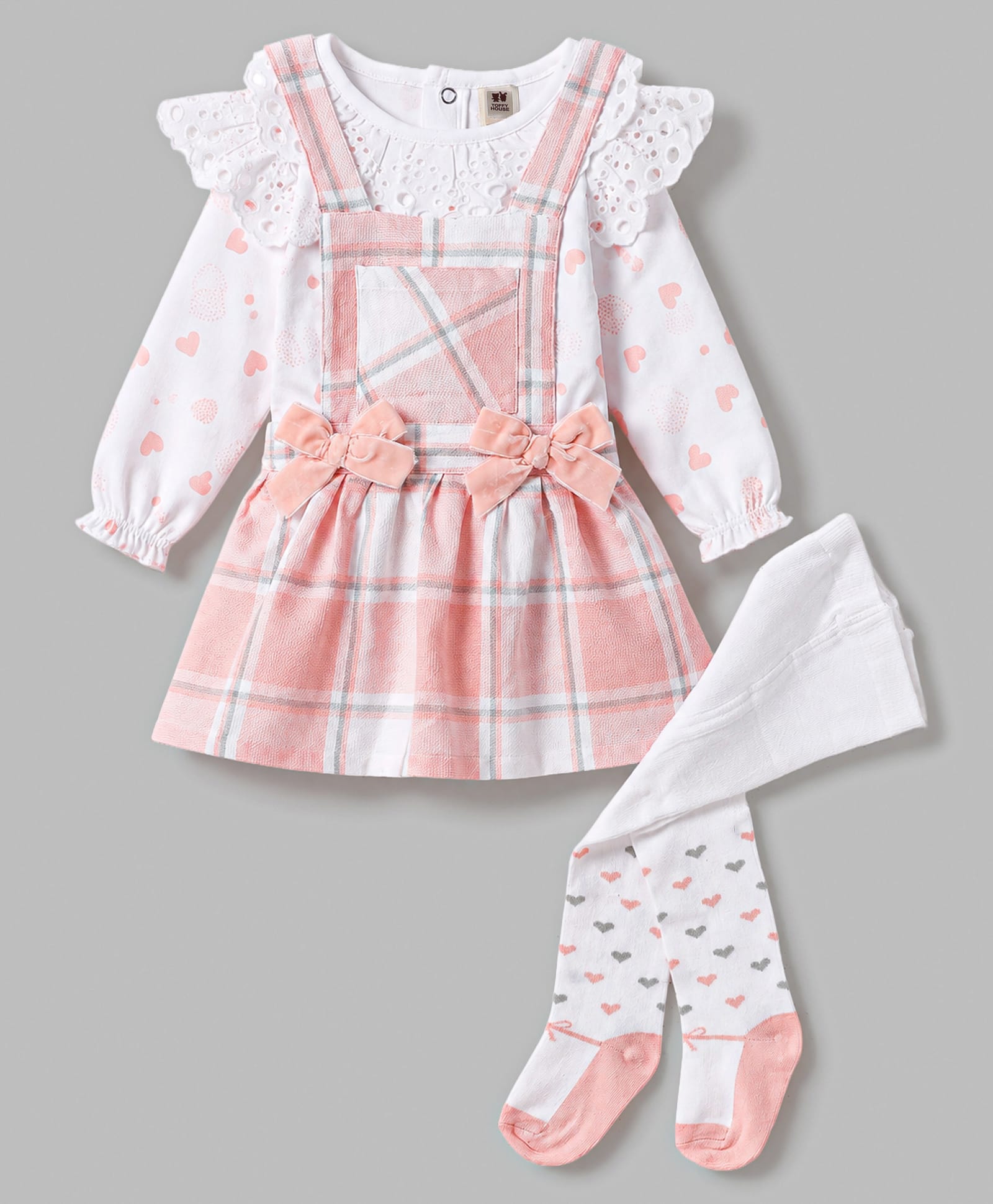 ToffyHouse Knitted Knit Full Sleeves Checks Frock & Inner Tee With Stockings & Heart Print -Pink-picture-8