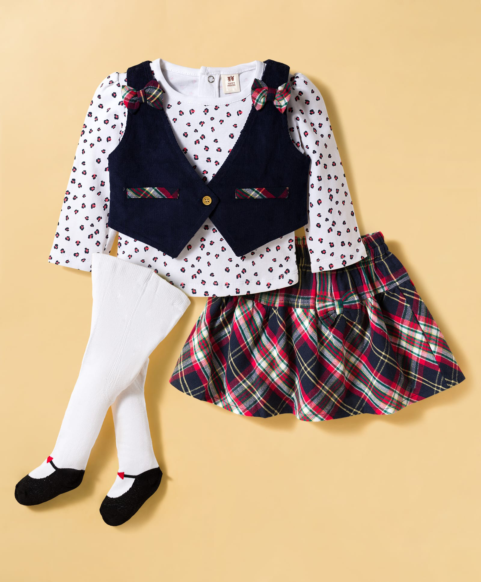 ToffyHouse Cotton Woven Full Sleeves Top & Checks Skirt With Jacket & Stockings - Navy Blue-picture-25