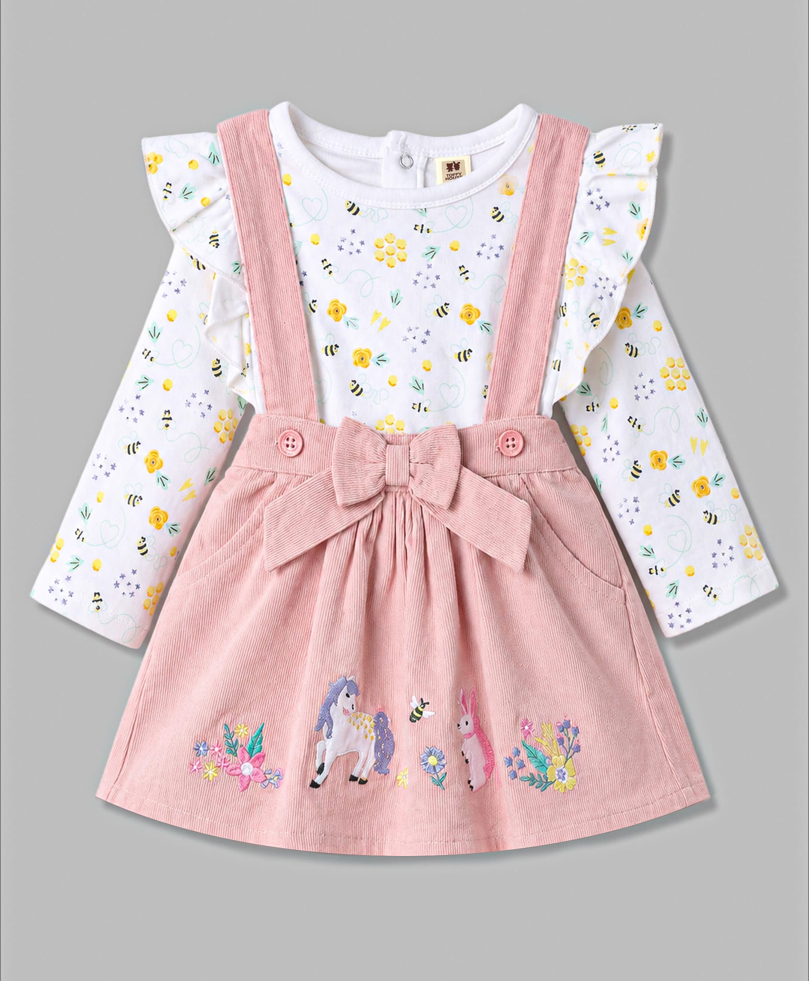 ToffyHouse Cotton Woven Full Sleeves Top & Skirt Set With Honey Bee Print & Unicorn Embroidery - Pink & White-picture-20