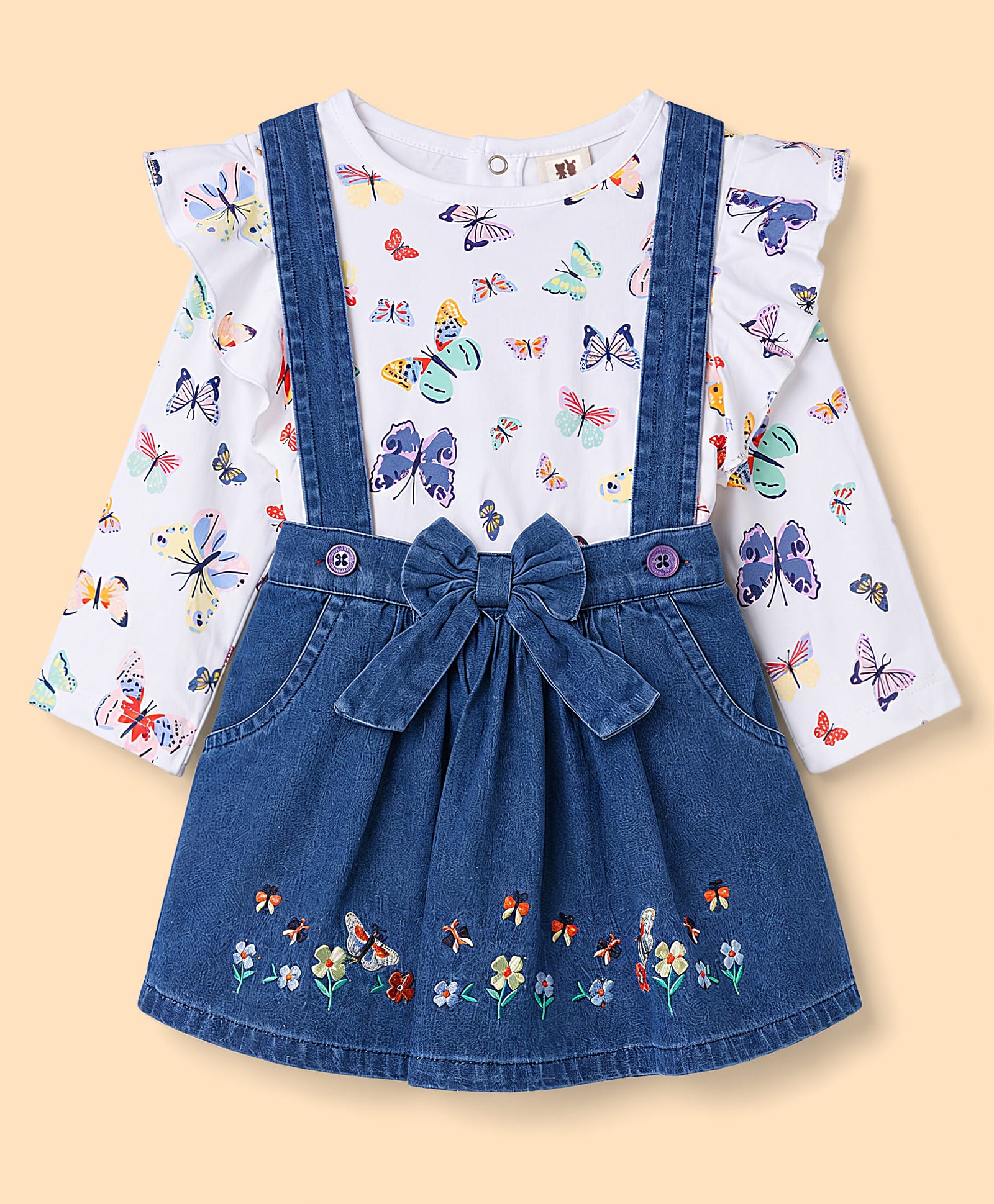ToffyHouse Cotton Woven Full Sleeves Top & Denim Skirt Set With Floral & Butterfly Print - Blue & White-picture-19