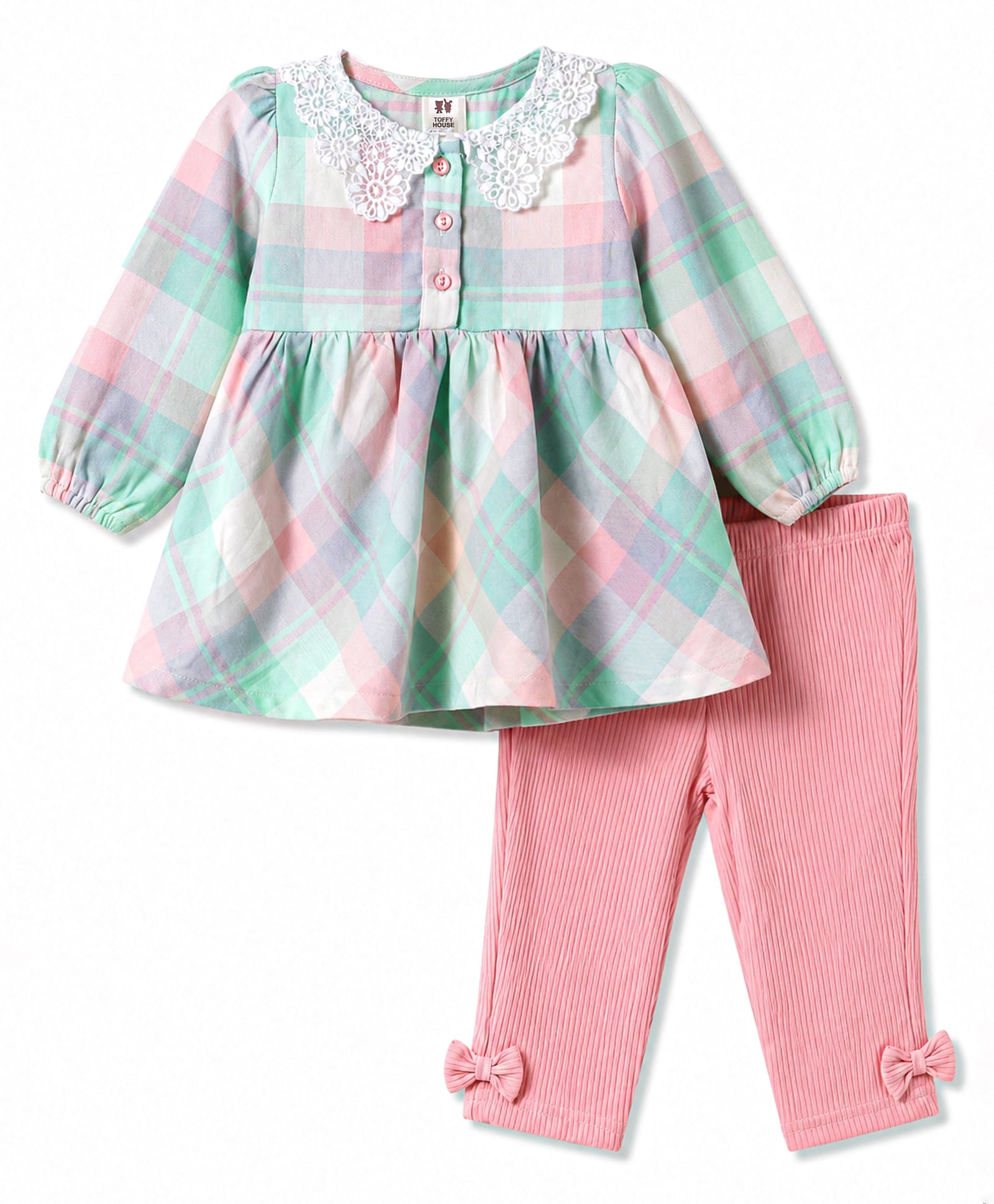 ToffyHouse Cotton Knit Full Sleeves Checks Top & Pant Set With Lace Detailing - Light Pink-picture-25