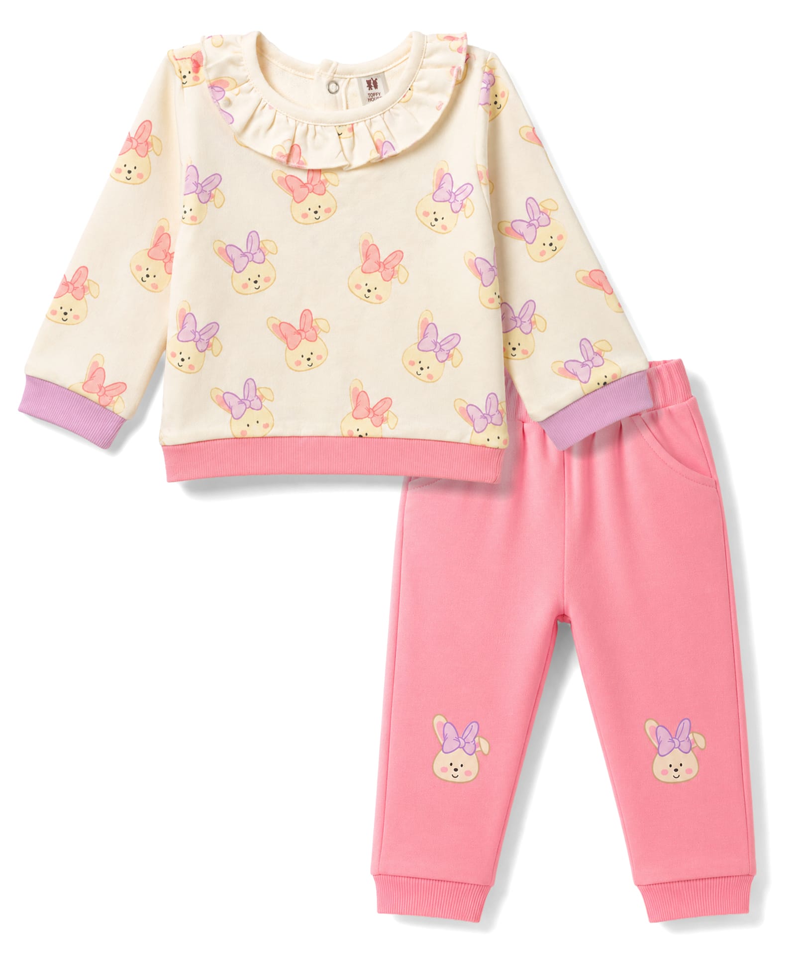ToffyHouse Knitted Full Sleeves Top & Pant Set With Bear Print - Baby Pink-image-10