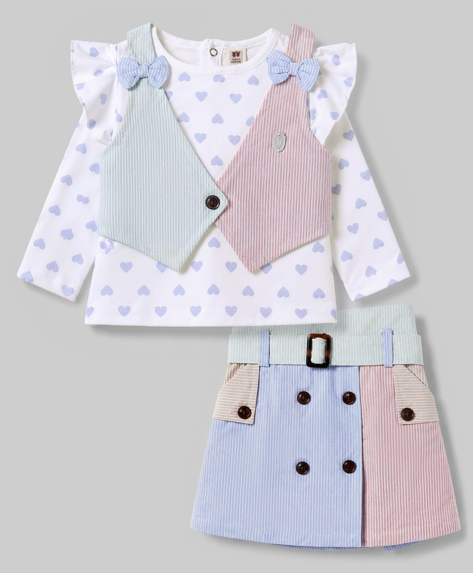 ToffyHouse Cotton Woven Full Sleeves Heart Printed Top & Striped Skirt Set With Jacket - Multicolor-picture-11