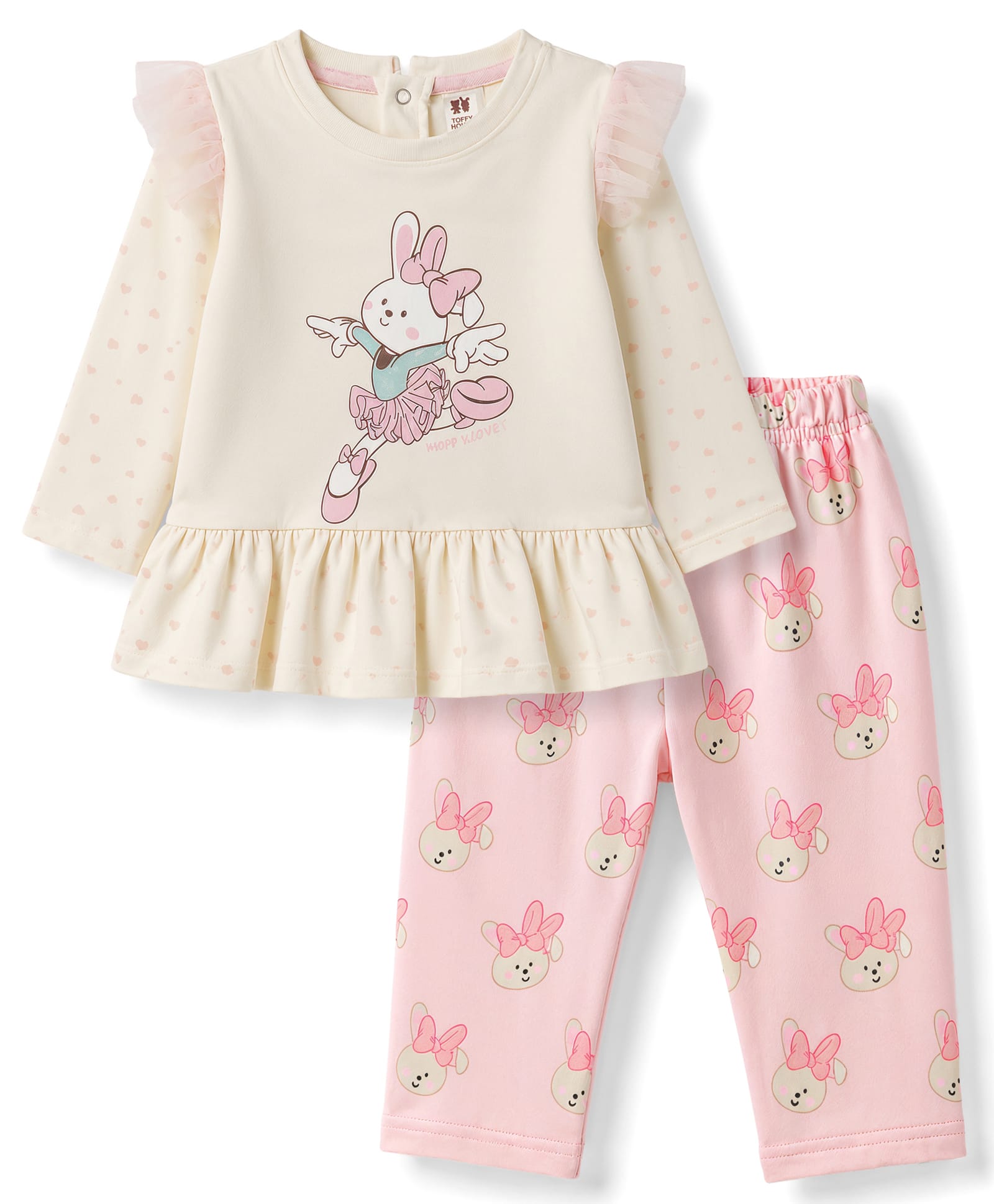 ToffyHouse Knitted Full Sleeves Top & Pant Set With Bunny Print - Beige & Pink-image-11