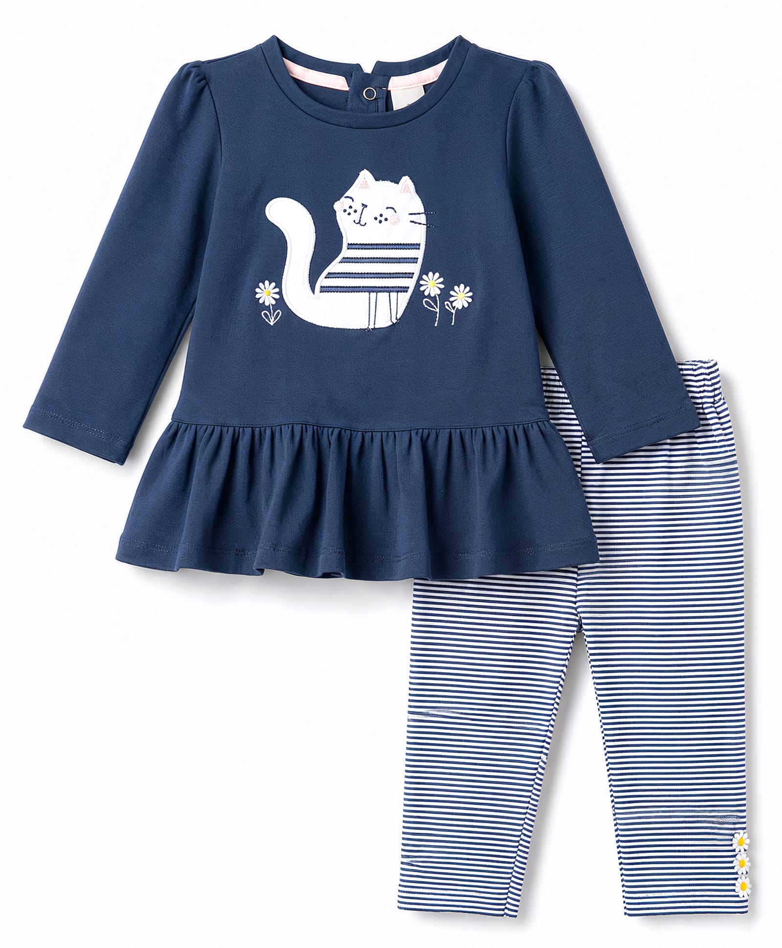 ToffyHouse Knitted Full Sleeves Top & Striped Pant With Cat Print - Navy Blue-image-46