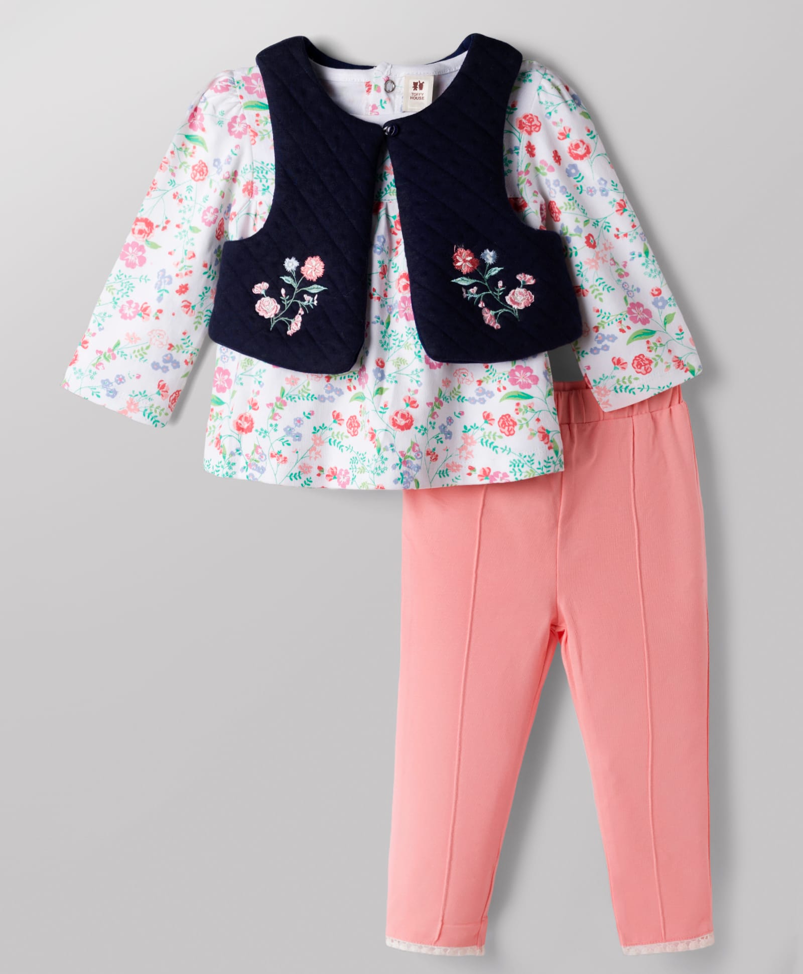 ToffyHouse Knitted Full Sleeves Top & Pant Set With Jacket & Floral Print - Multicolor-picture-14