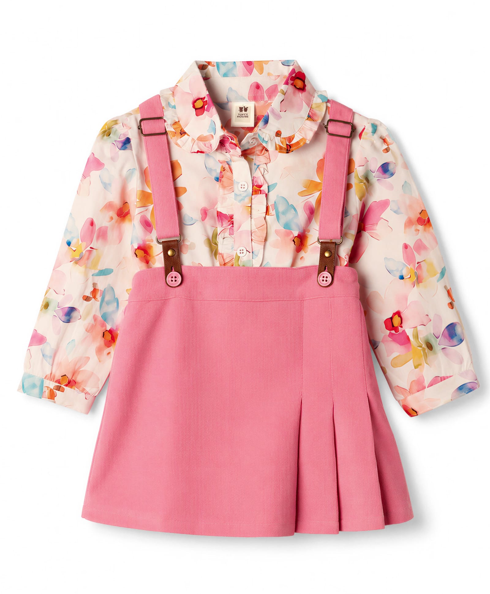 ToffyHouse Cotton Woven Full Sleeves Floral Printed Peter Pan Collared Party Top & Skirt With Suspender - Multicolor-picture-36