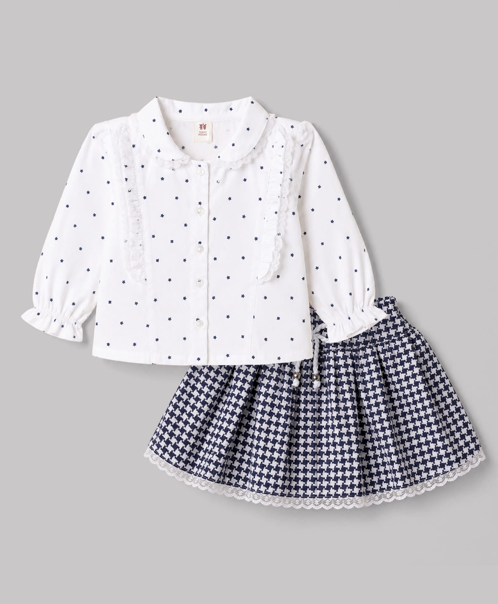 ToffyHouse Cotton Woven Full Length Star Printed & Checked Top & Skirt - White-picture-30