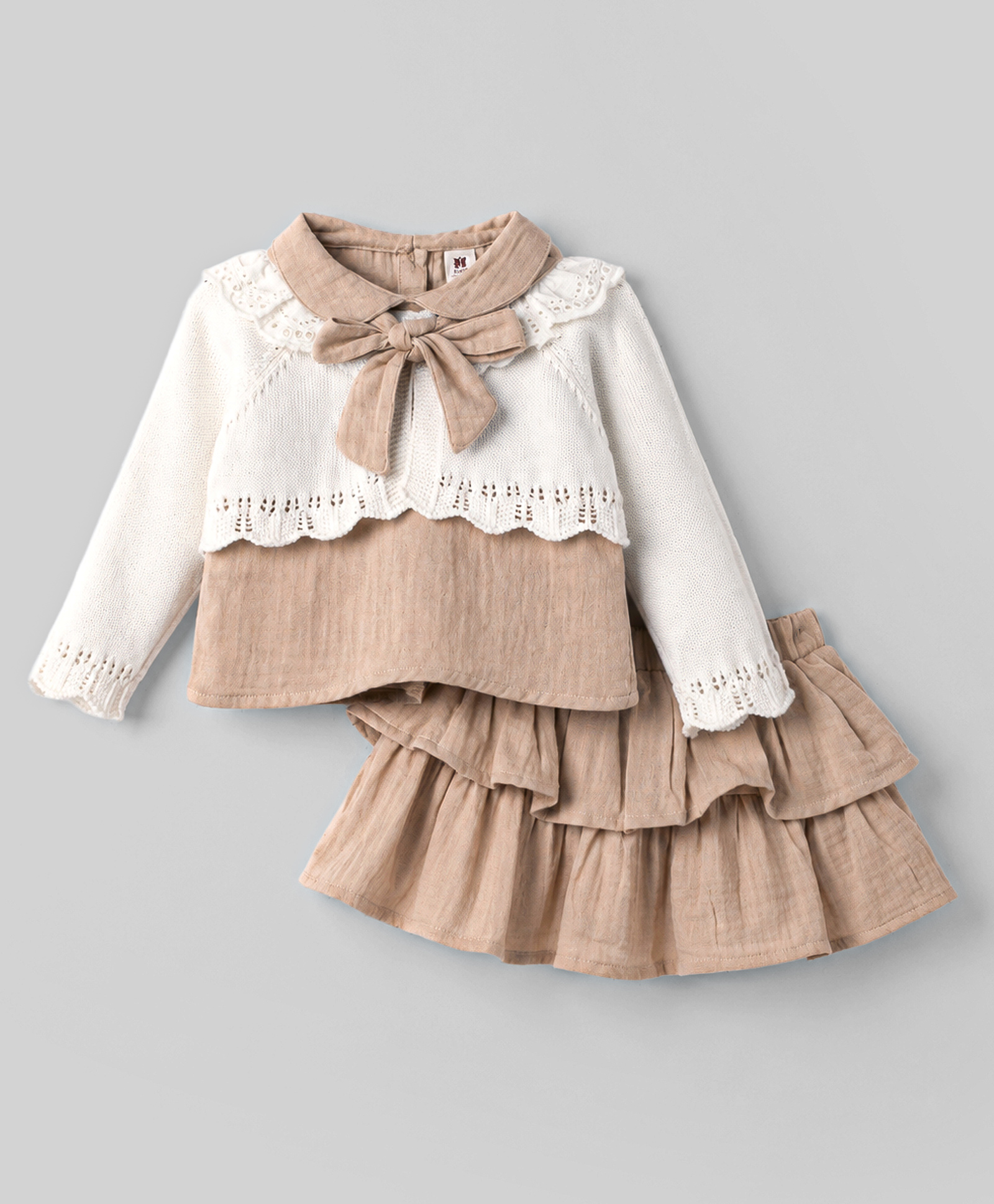 ToffyHouse Cotton Woven Full Sleeves Peter Pan Collared Top & Layered Skirt - Beige-picture-34