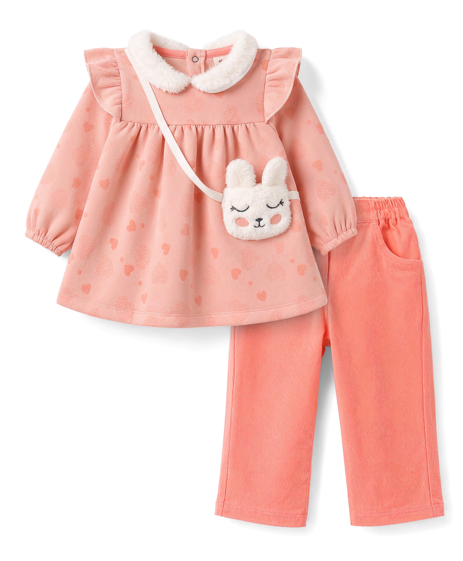 ToffyHouse Knitted Full Sleeves Hearts Printed Top & Pant Set With Sling Bag Applique - Peach-picture-47