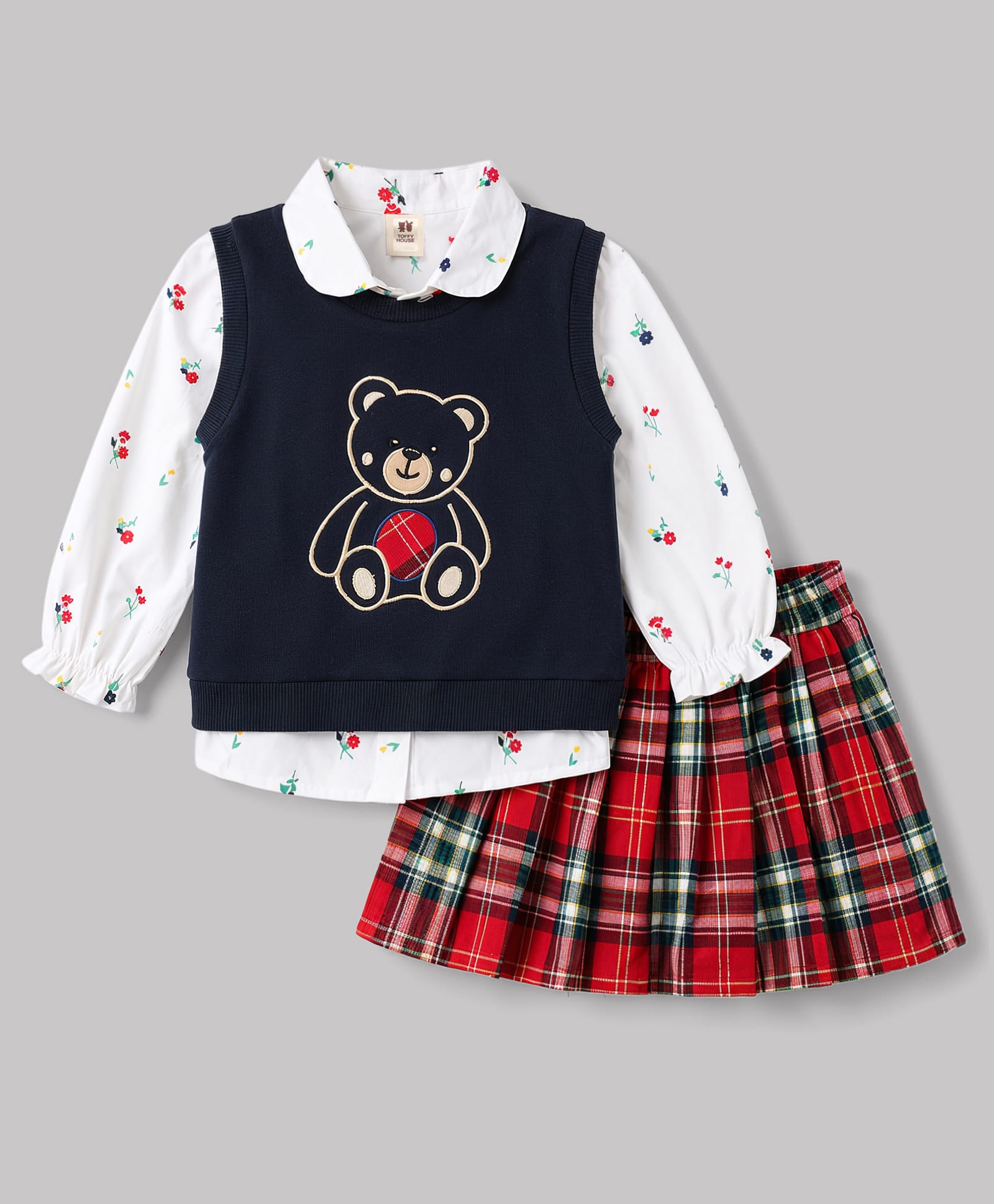 ToffyHouse Cotton Woven Full Sleeves Floral Printed & Bear Embroidered Top & Skirts Set - Navy Blue-picture-35