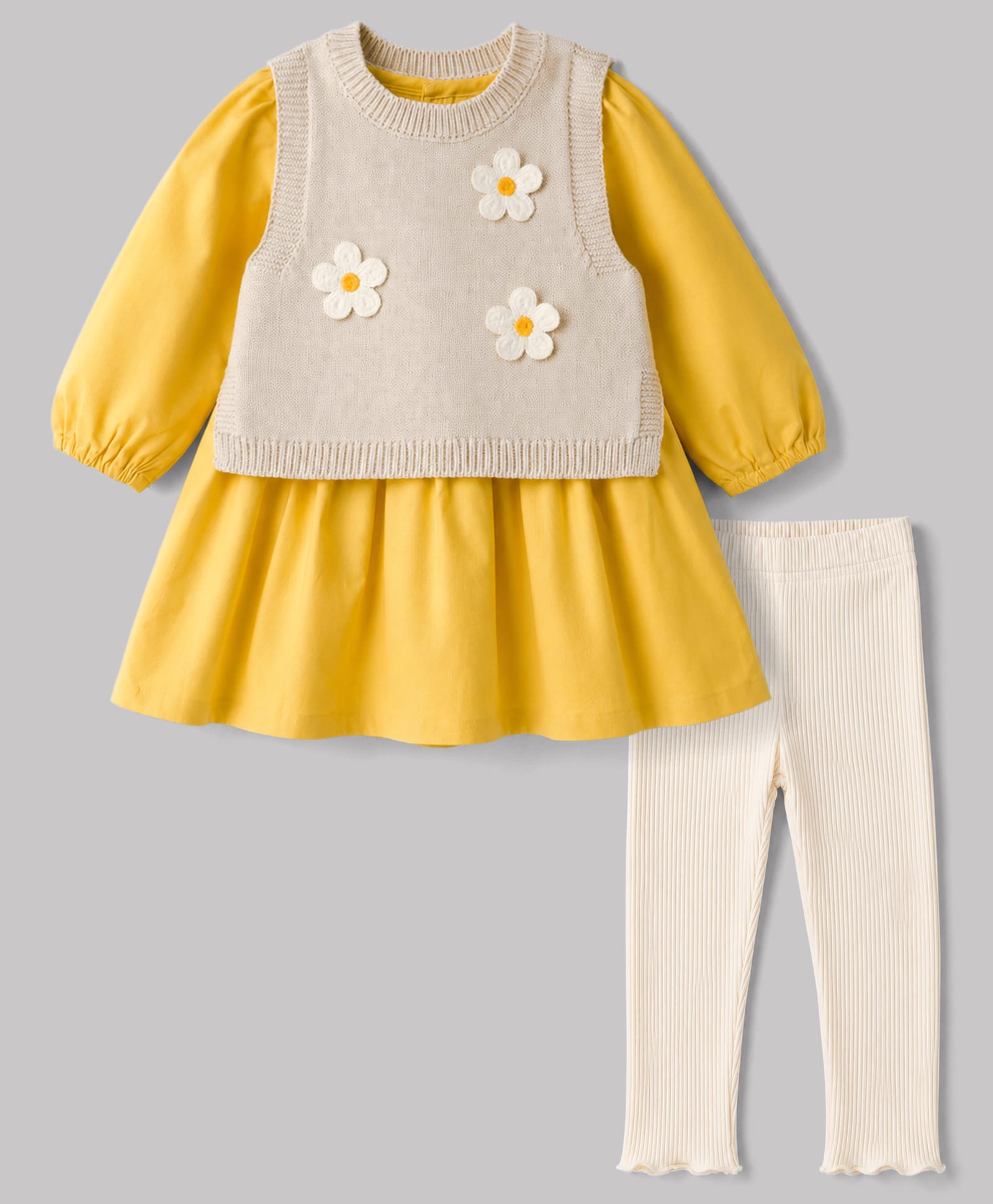 ToffyHouse Cotton Woven Full Sleeves Top & Pant Winter Wear Suit With Sweater & Floral Applique - Yellow-picture-26
