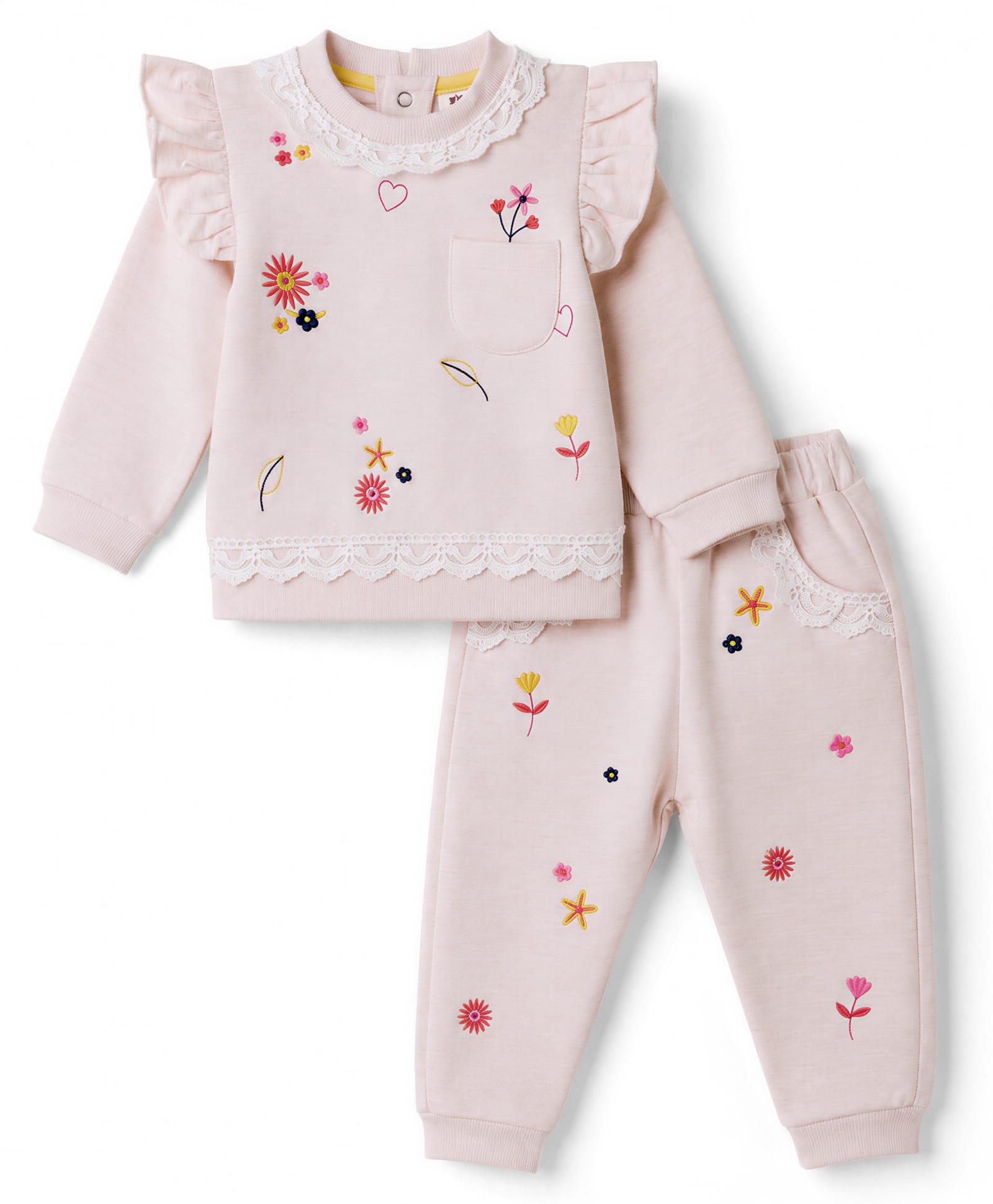 ToffyHouse Cotton Woven Full Sleeves Floral Embroidered & Hearts Printed Co-Ords T-Shirt & Pant Winter Wear Set - Cream-picture-5