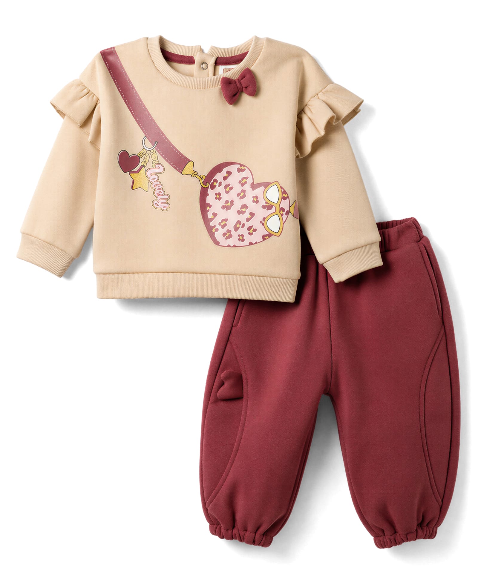 ToffyHouse Cotton Knit Full Sleeves T-Shirt & Pant Winter Wear Suit With Heart & Bag Print - Maroon-picture-18