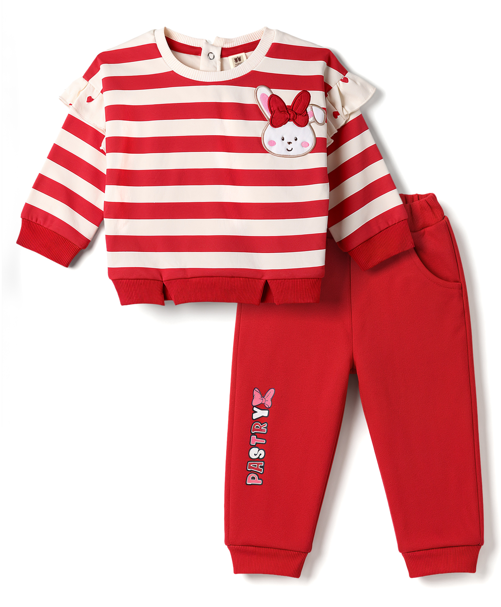 ToffyHouse Cotton Woven Full Sleeves Striped Sweatshirt & Pant Winter Wear Suit With Bunny Detailing - Red-picture-23