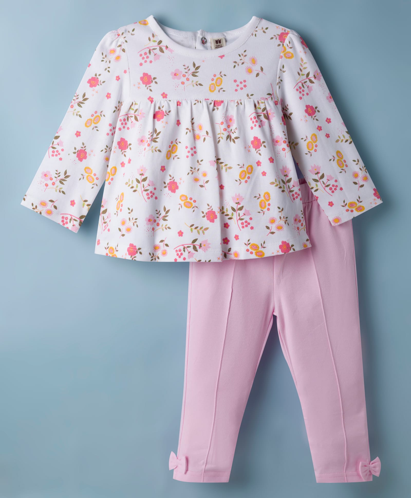 ToffyHouse Knitted Full Sleeves Floral Printed Top & Pyjama Night Suit With Bow Applique - Pink-image-39