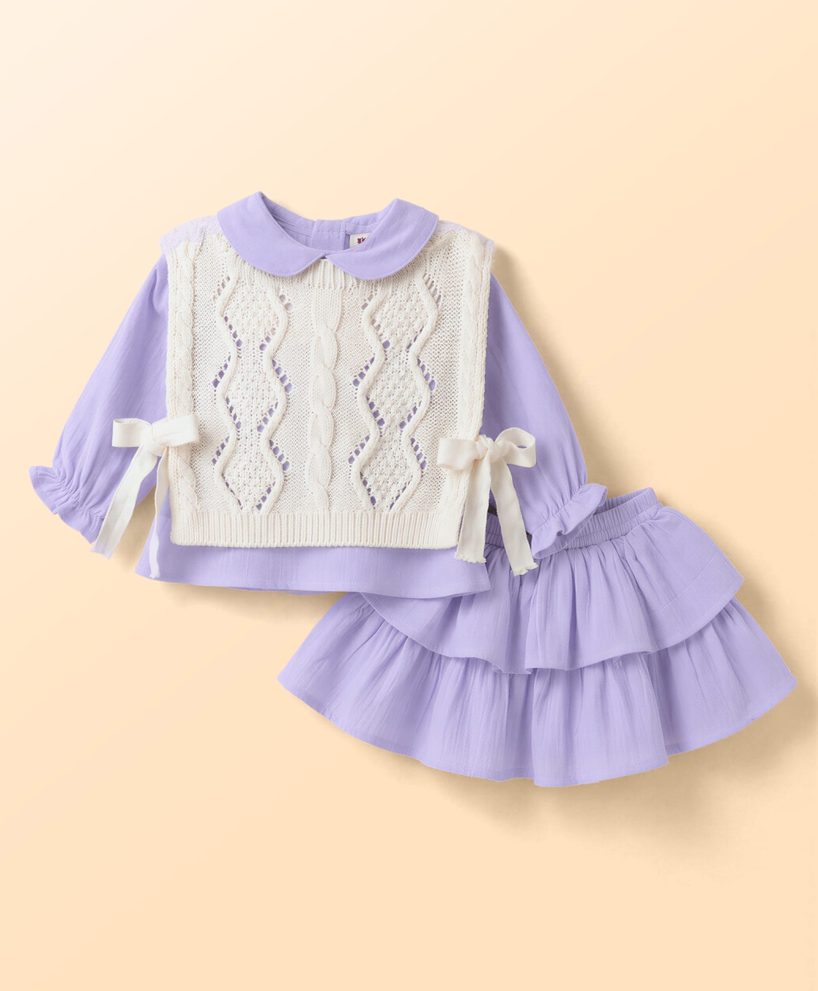 ToffyHouse Cotton Woven Full Sleeves Top & Skirts Set With Lace Detailing - Purple-picture-28