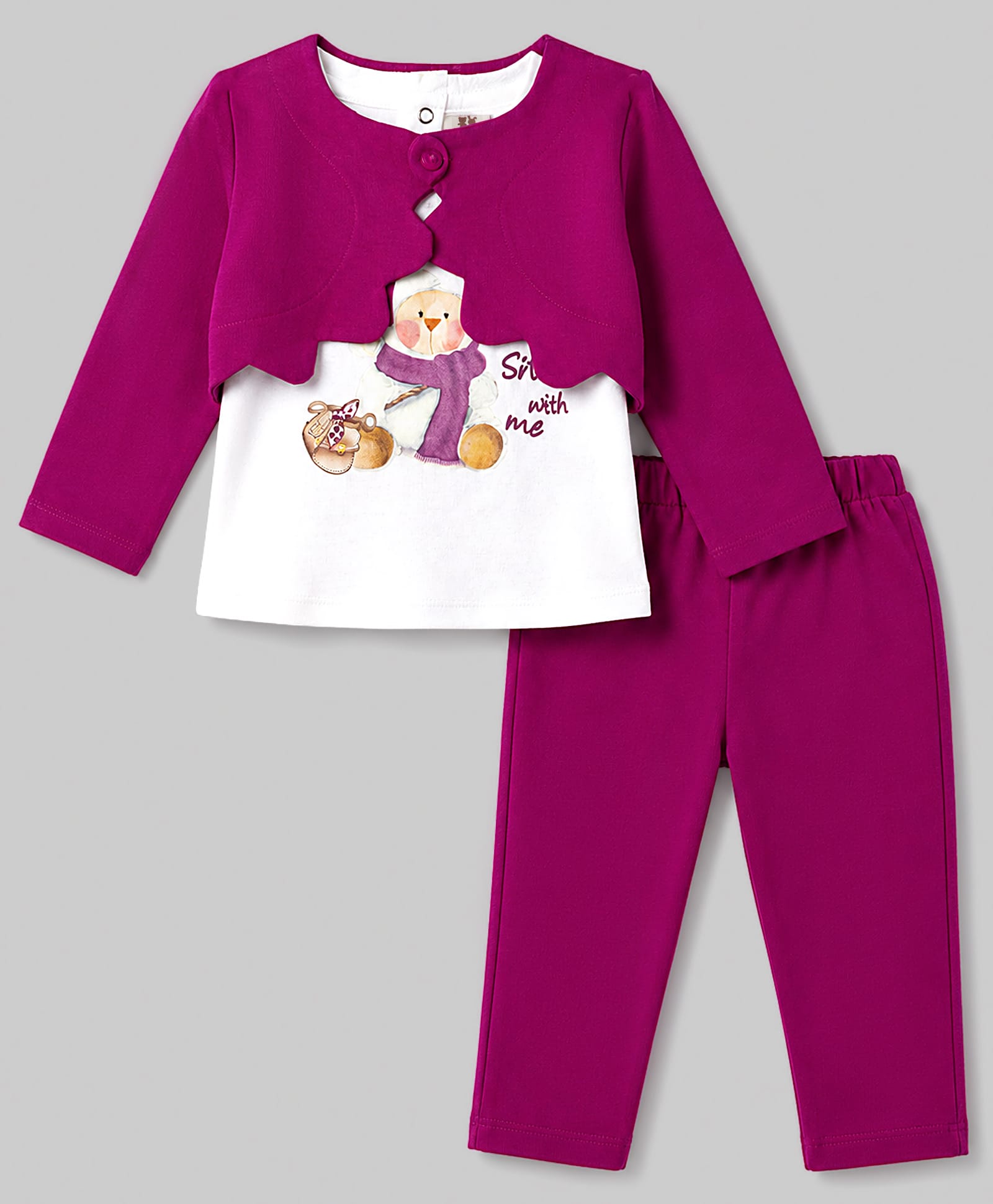 ToffyHouse Knitted T-Shirt & Pant Set With Jacket & Snowman Print - Dark Pink-image-29